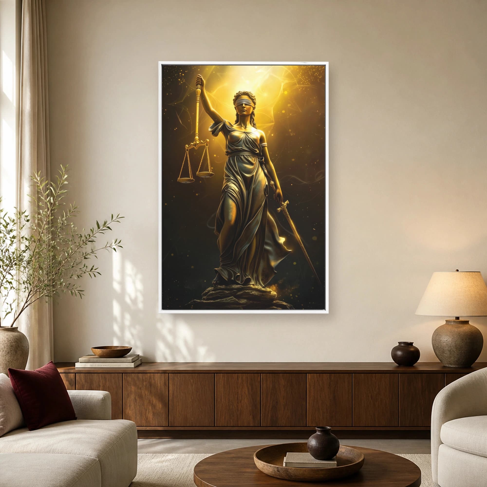 Lady Justice holding scales and a sword, surrounded by radiant golden light and cosmic particles against a dark background.