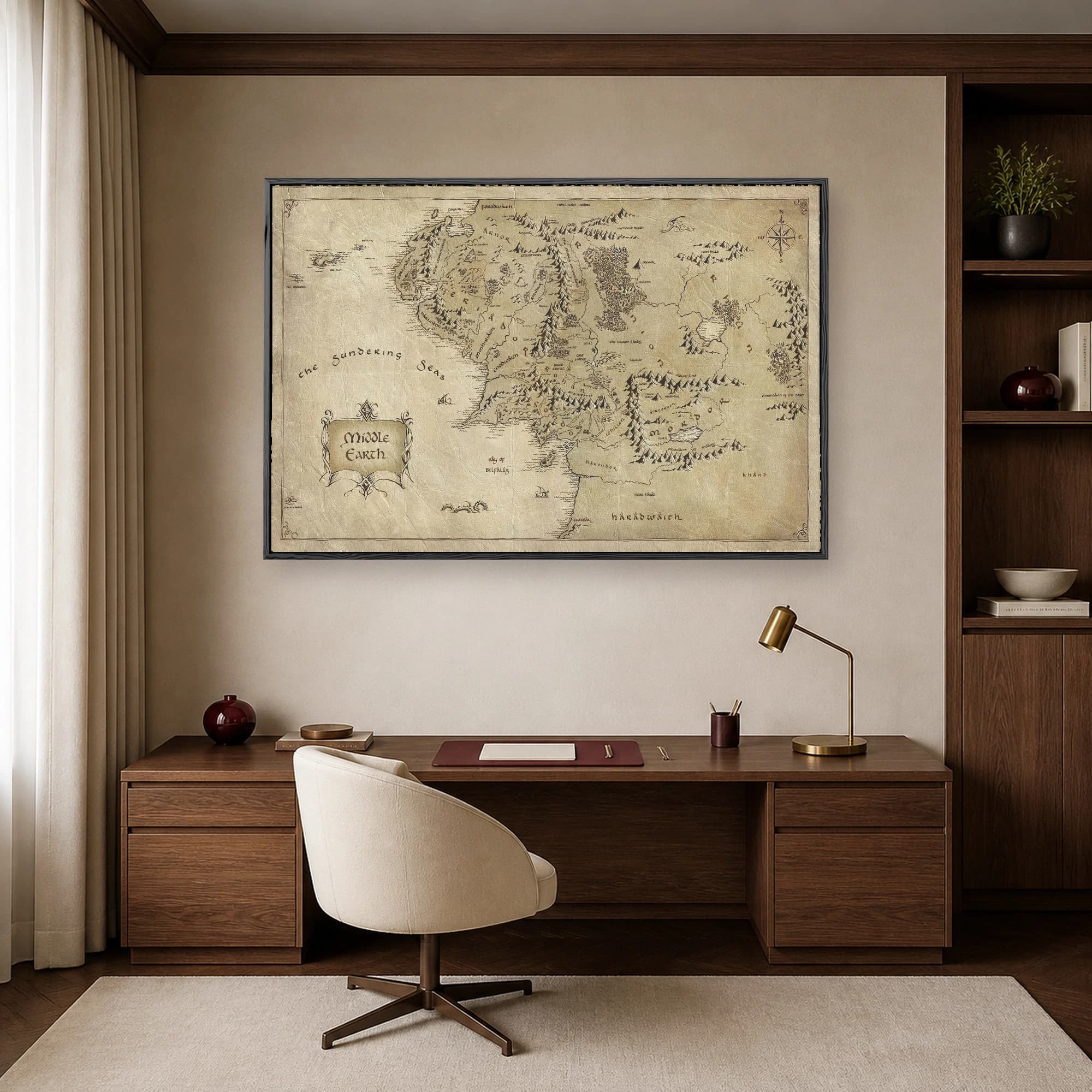 Vintage style fantasy map of Middle Earth on aged parchment showing mountains, forests, and geographical labels in sepia tones