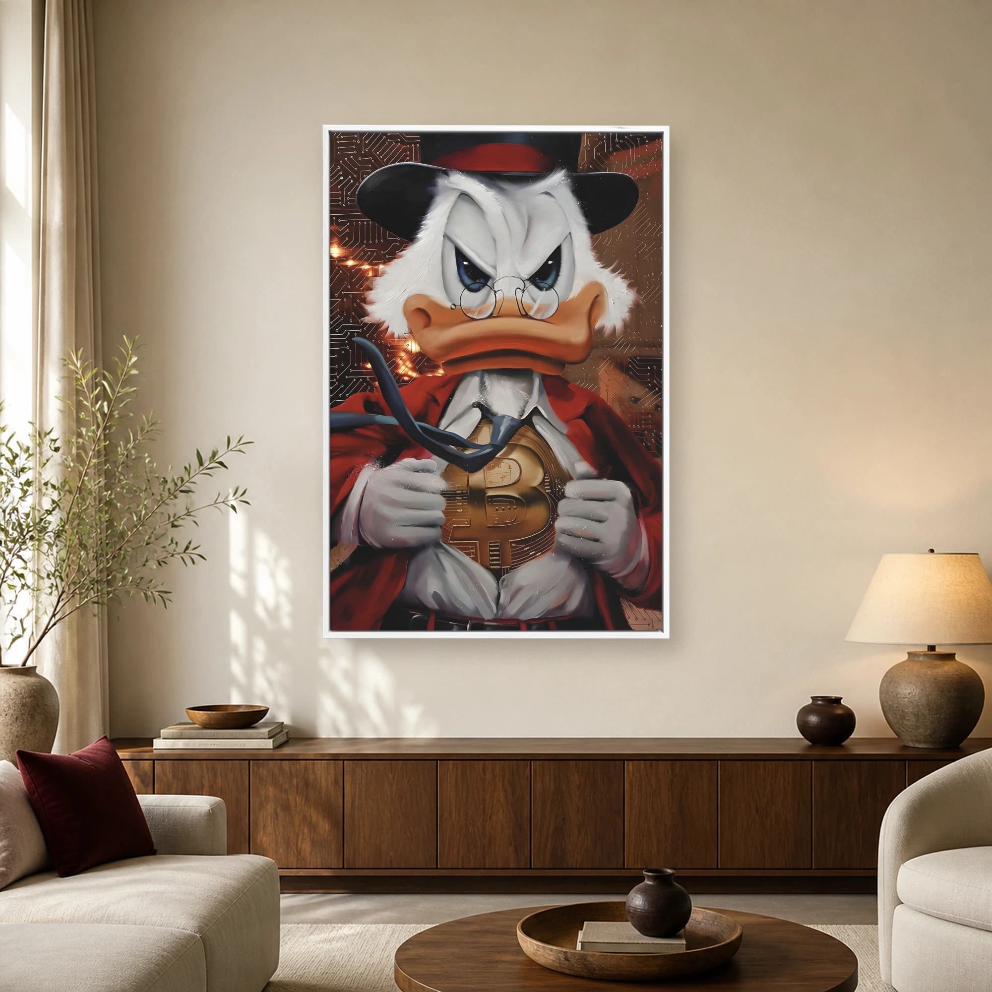 Pop art print of a wealthy cartoon duck in a top hat and red jacket revealing a giant gold bitcoin symbol on his chest.