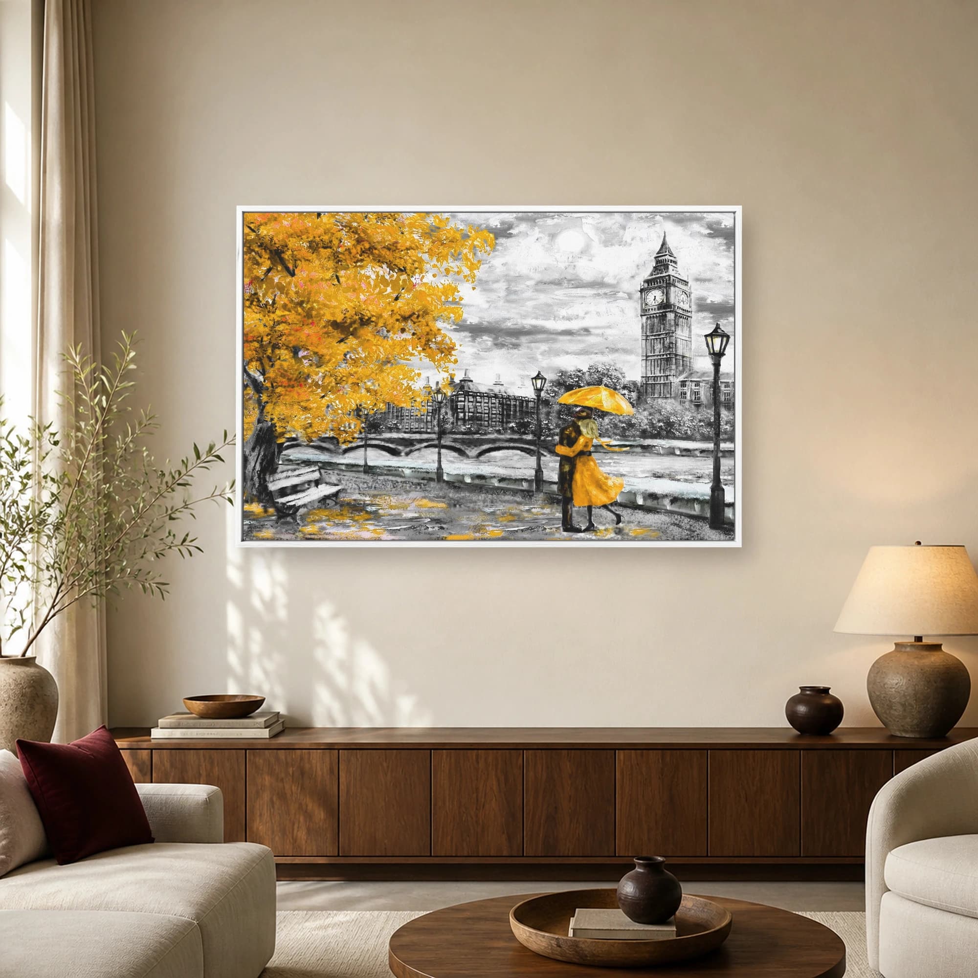 London Romance Big Ben Yellow Umbrella Canvas Print, view 2