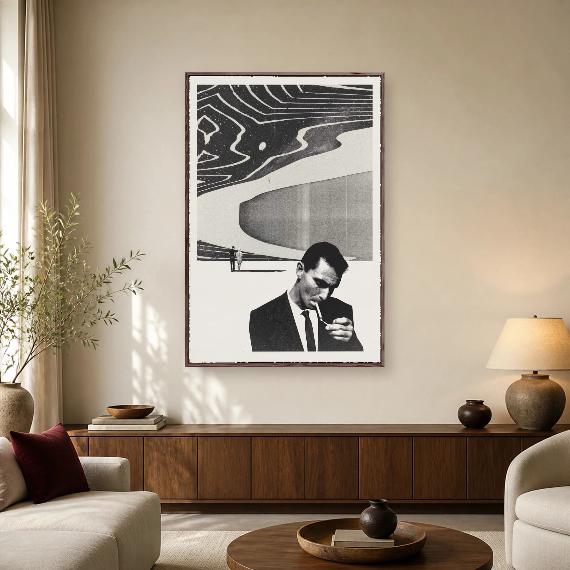 Monochrome surrealist art print depicting a man in a suit lighting a cigarette in the foreground with a distant couple and cosmic wave pattern above.