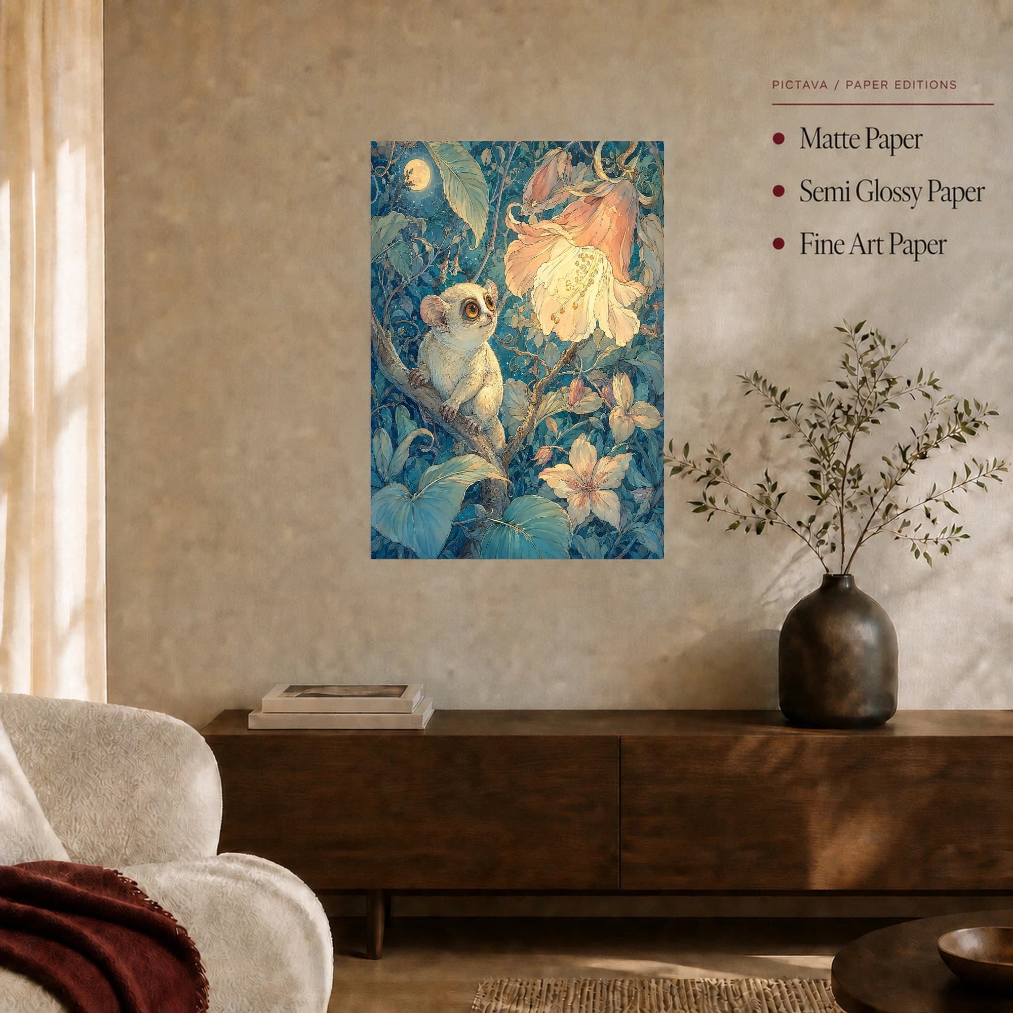Moonlit Tarsier and Luminous Blossom Fantasy Art Print, view 7