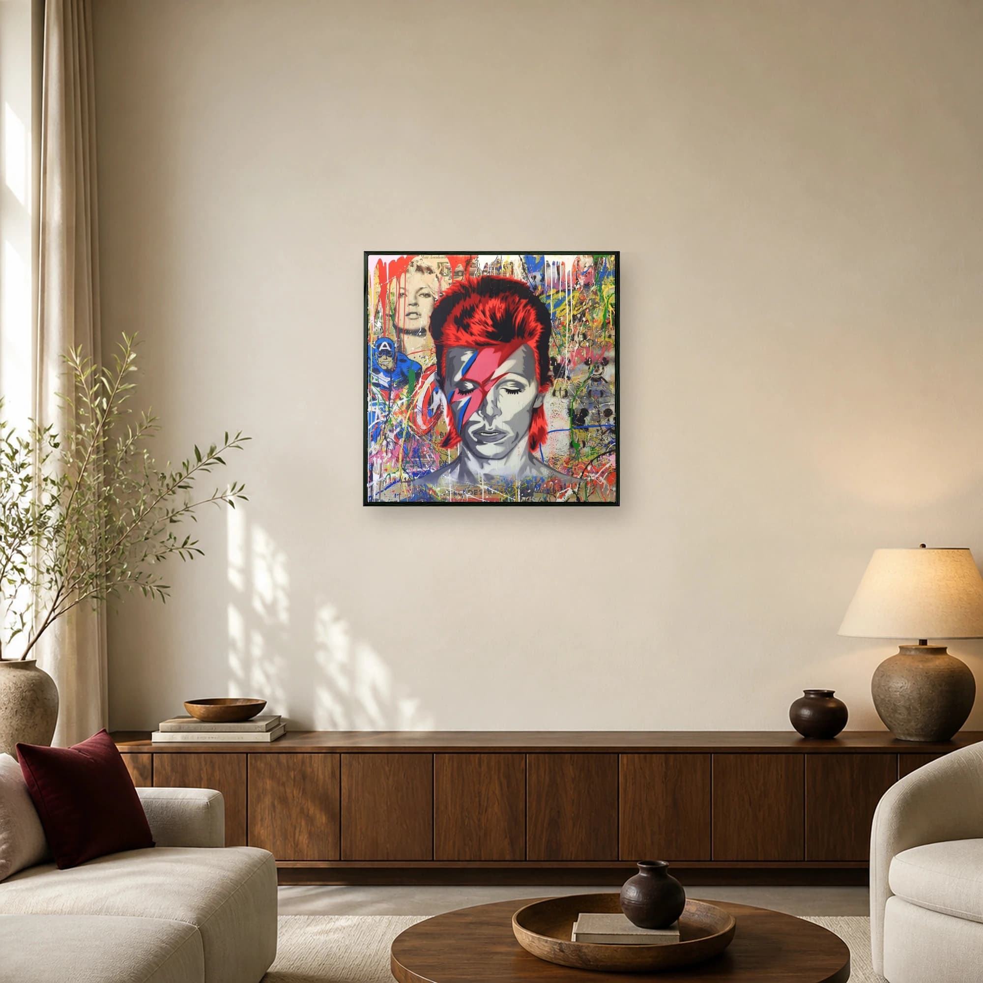 Stylized portrait of David Bowie with red hair and Aladdin Sane lightning bolt makeup set against a colorful graffiti and pop culture collage background.