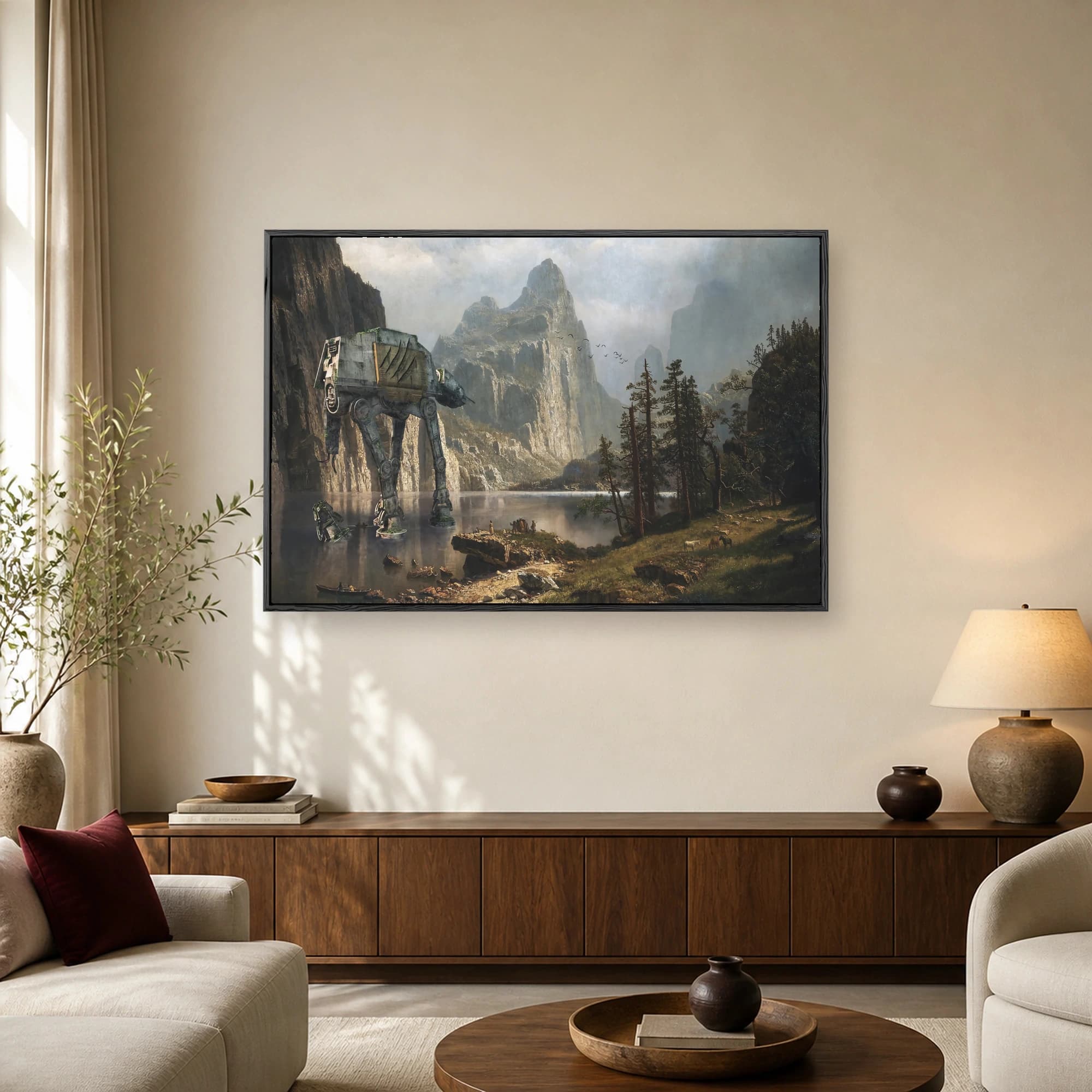 A large sci-fi combat walker stands in a romantic mountain landscape painting next to a lake with tiny human figures on the shore.