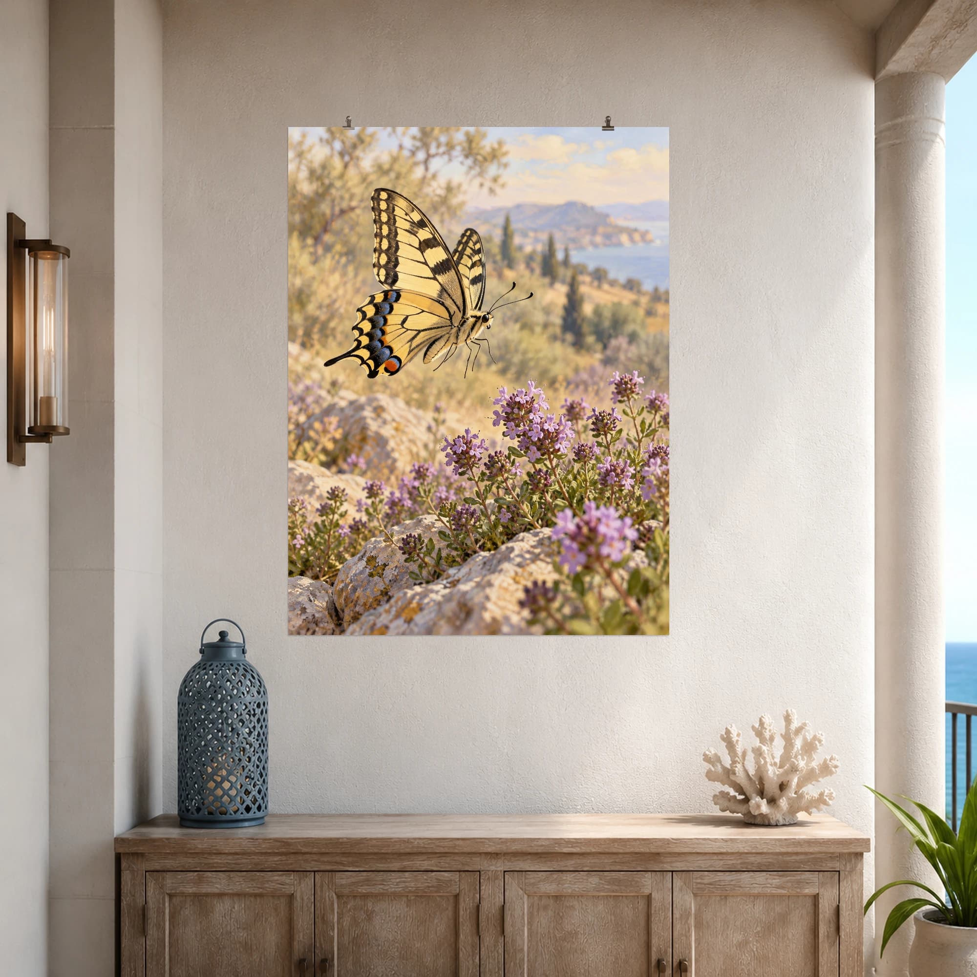 A yellow swallowtail hovers above flowering wild thyme on a sunlit hillside.