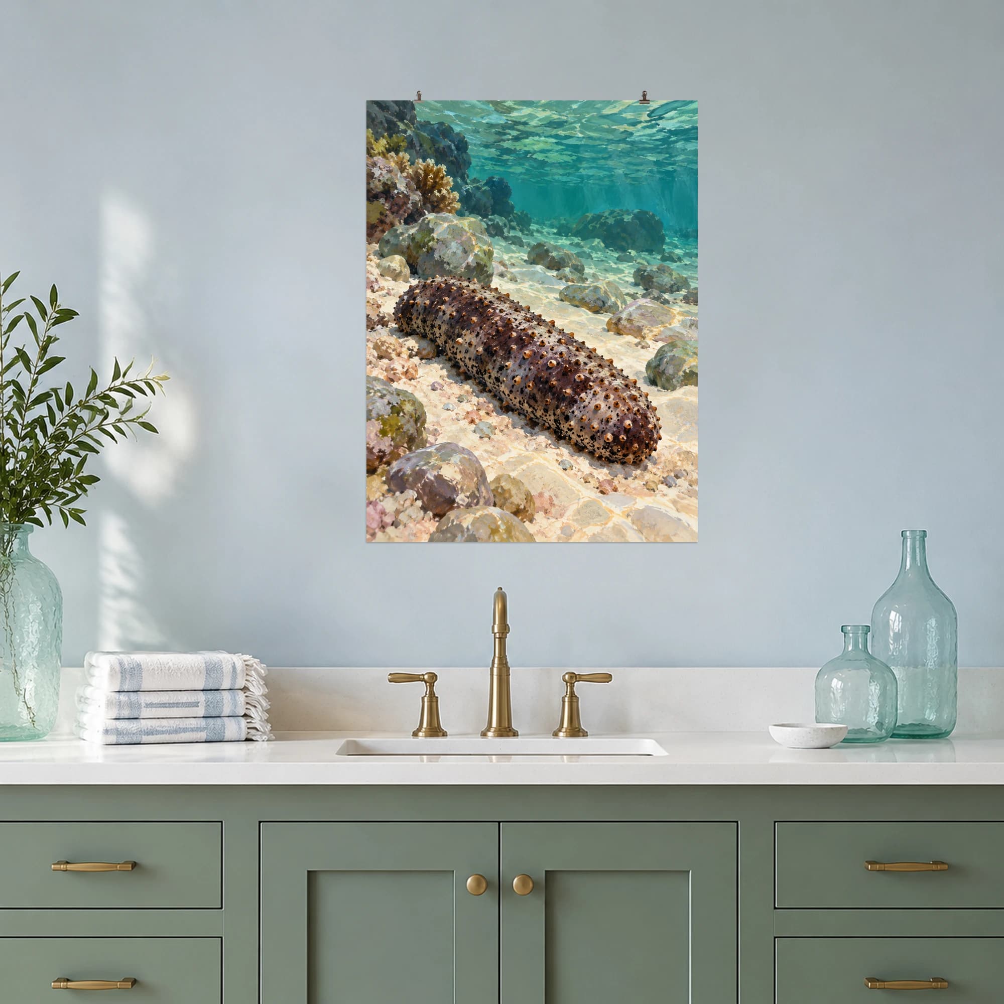 This gouache-style composition features a speckled sea cucumber on pale coral sand among small rounded stones in clear green blue water. Expressive brushwork and a balanced palette bring warmth and character to your space.