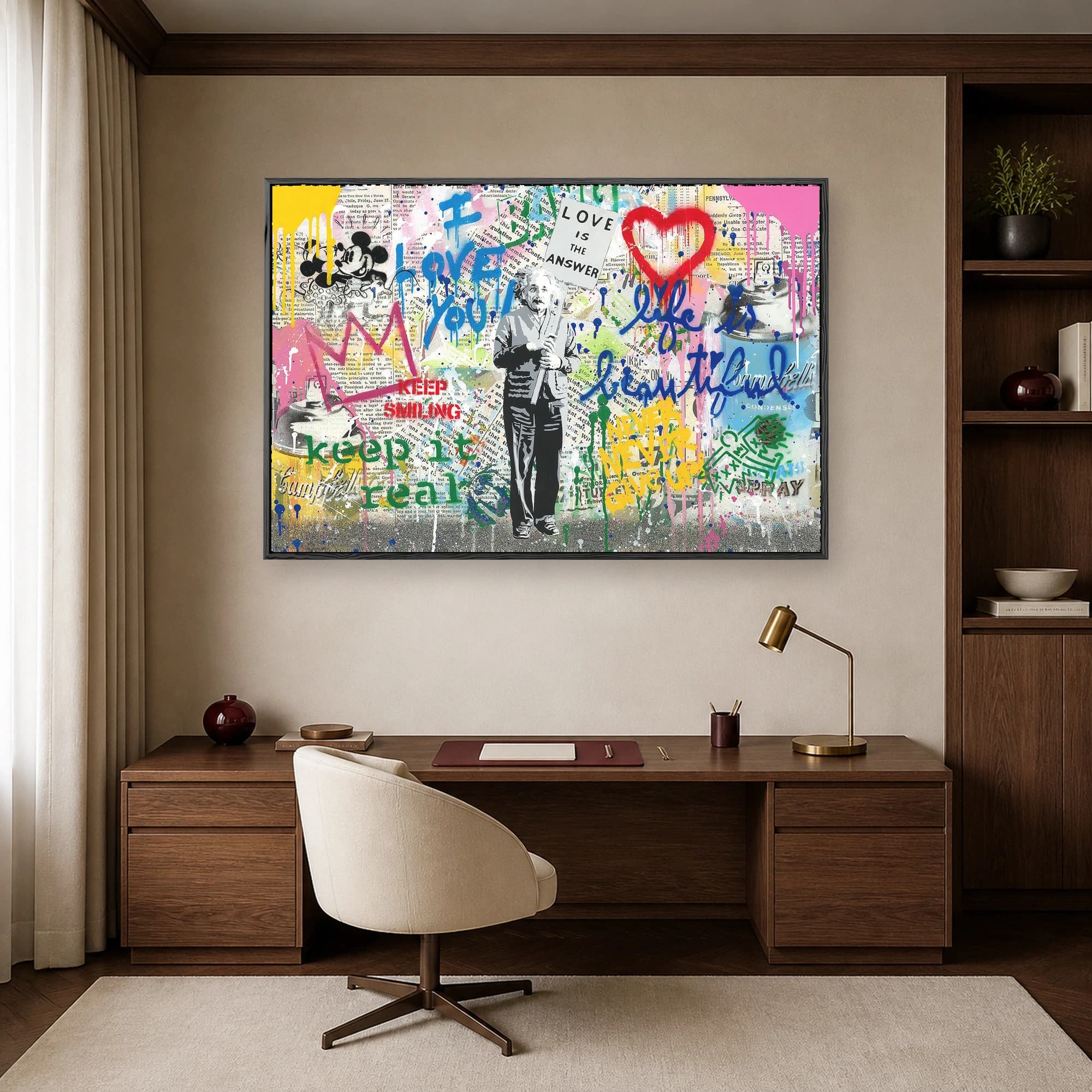 Urban street art canvas featuring an Einstein stencil portrait surrounded by colorful graffiti, newspaper print, and a sign reading Love is the Answer