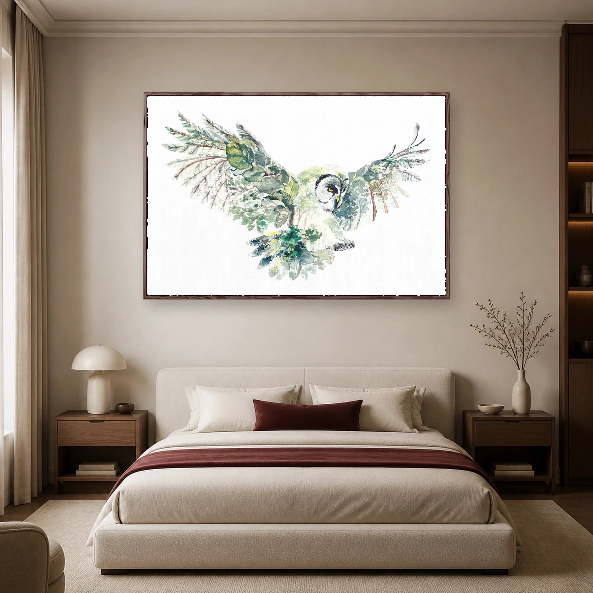 Watercolor Owl Forest Double Exposure Fine Art Print, view 4