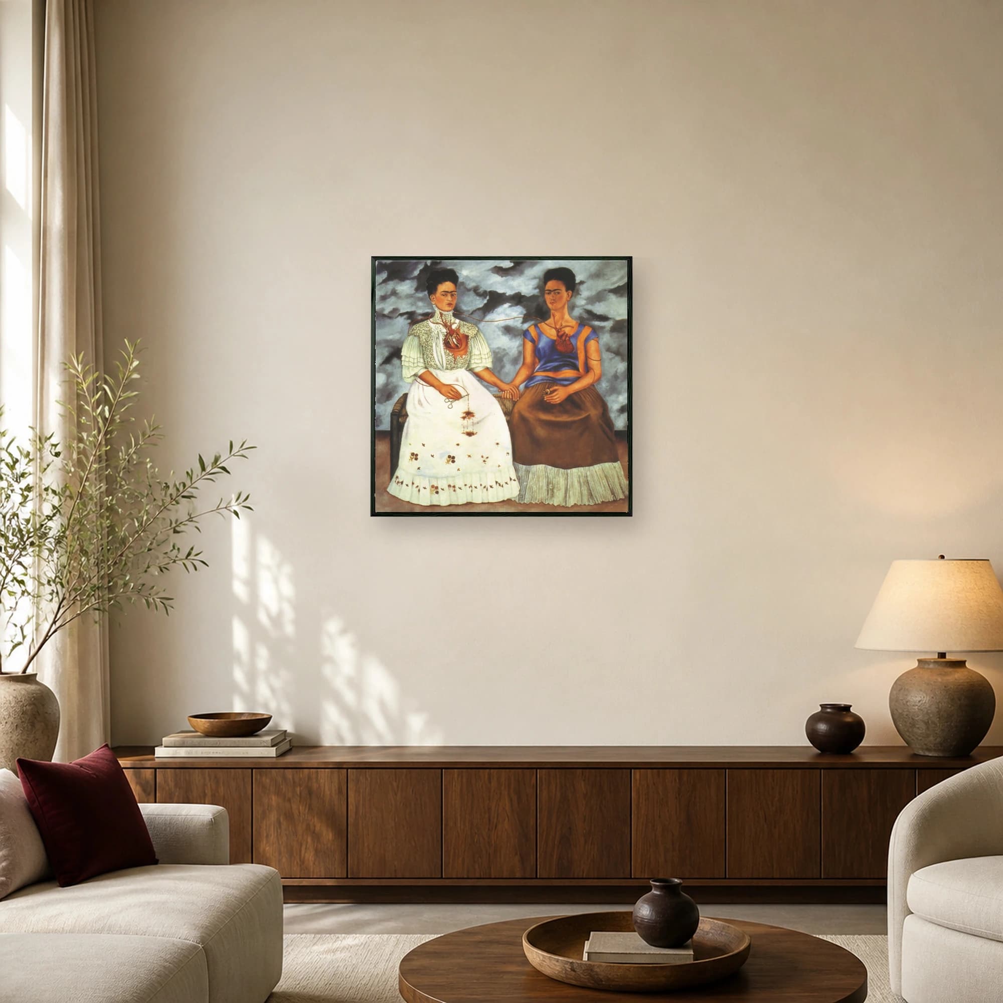Fine art print of The Two Fridas by Frida Kahlo, showing two women in contrasting dresses seated together with exposed connected hearts against a stormy sky.