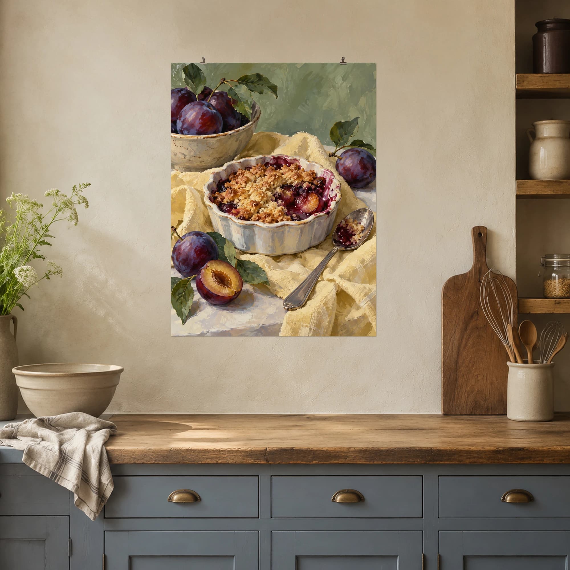 Purple plums and golden crumble bring cozy color to a simple dessert still life.