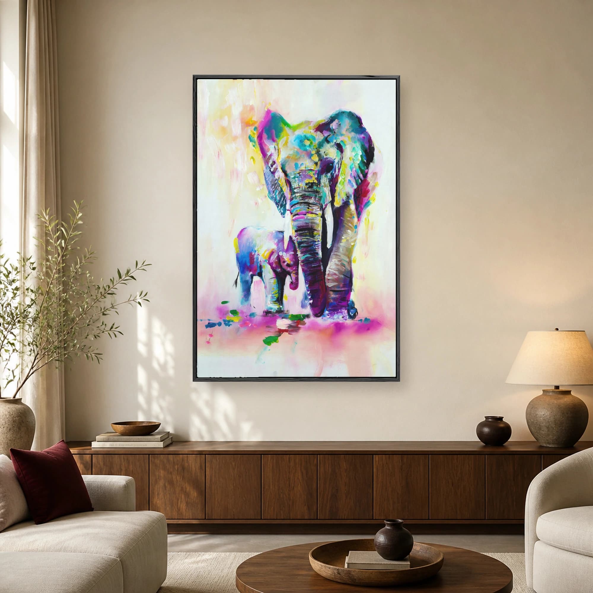 Colorful abstract painting of an adult elephant and a baby elephant in vibrant shades of magenta, teal, and purple on a white background.