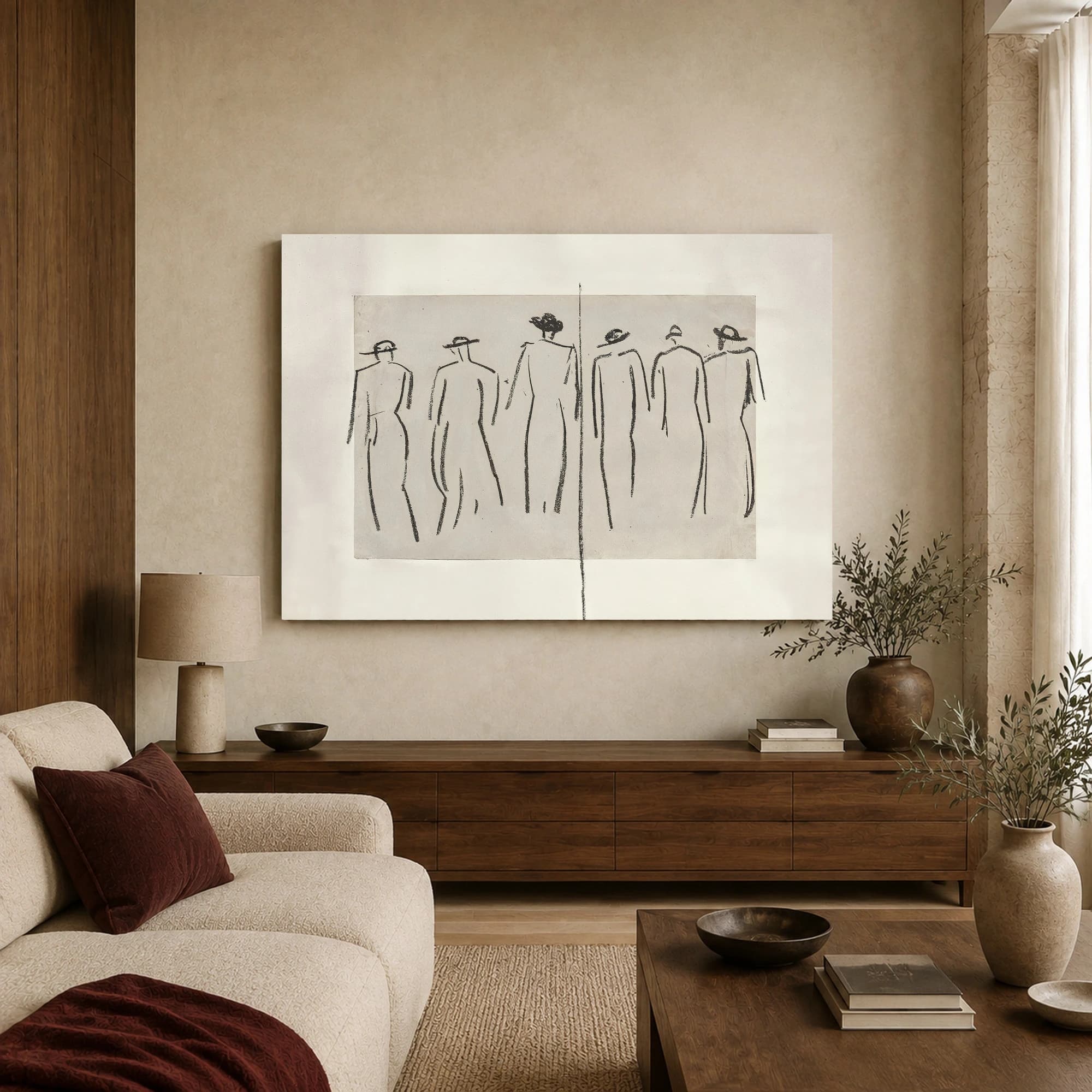 Six Figures in Hats Minimalist Charcoal Sketch, view 2