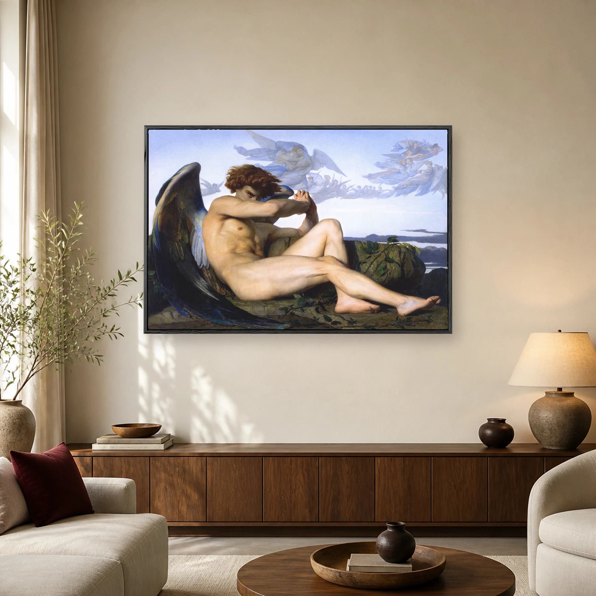 Fine art print of Alexandre Cabanel's The Fallen Angel showing a muscular winged male figure sitting dejectedly on rocks with his face hidden.