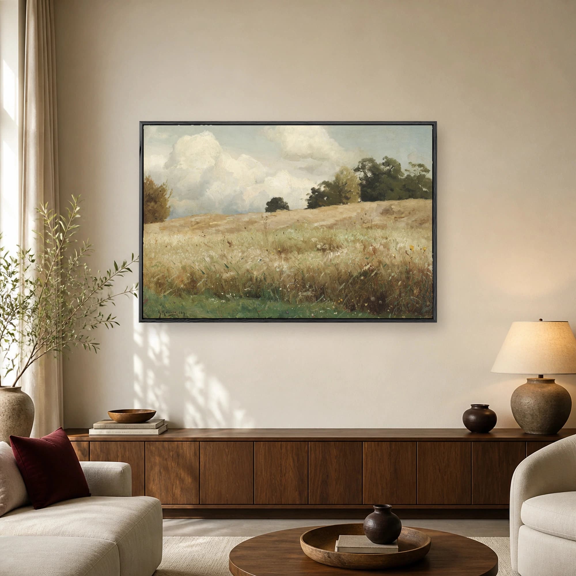 Impressionist oil painting of a golden wheat field under a dramatic cloudy sky with distant trees.