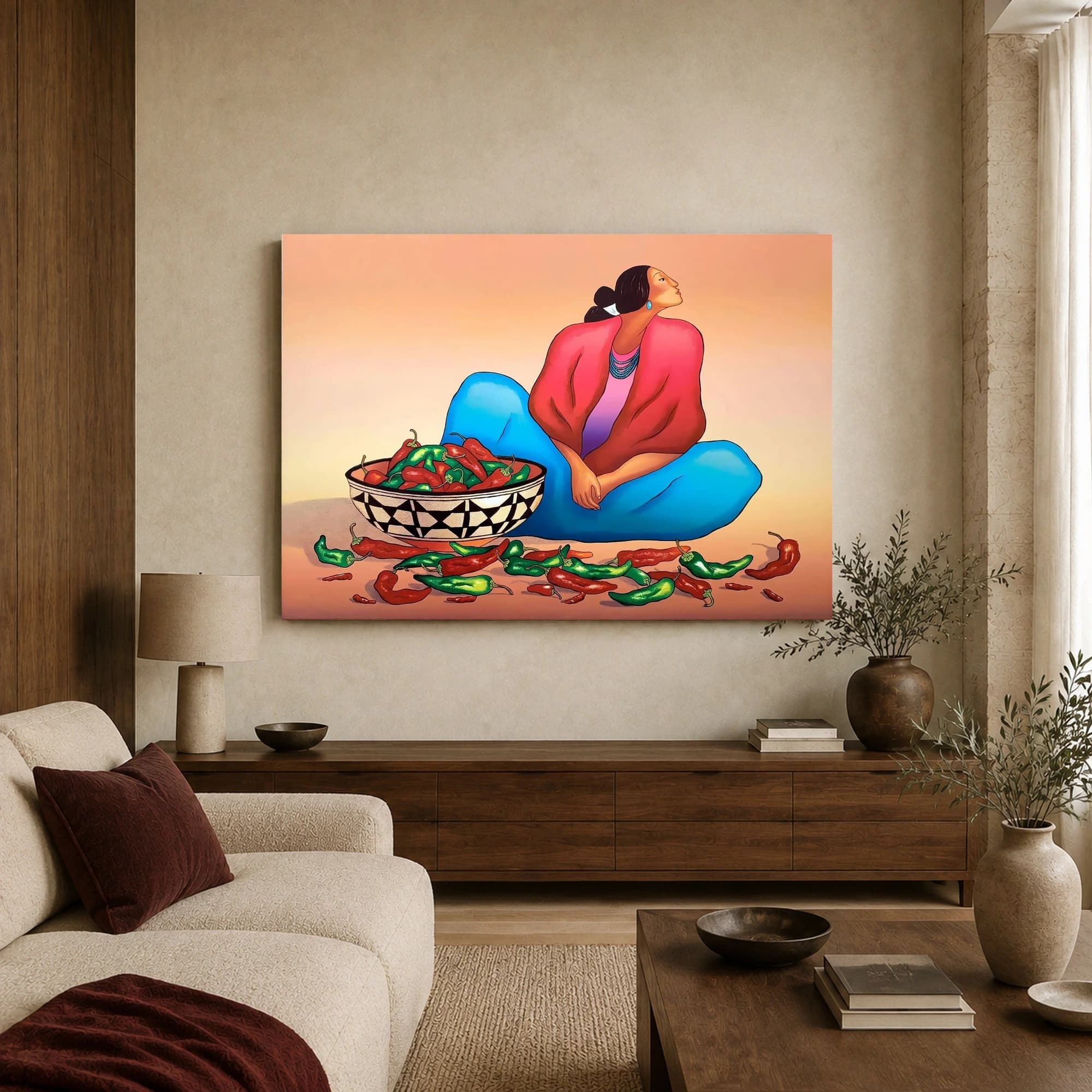 Southwestern Woman with Chili Peppers Folk Art Print, view 4