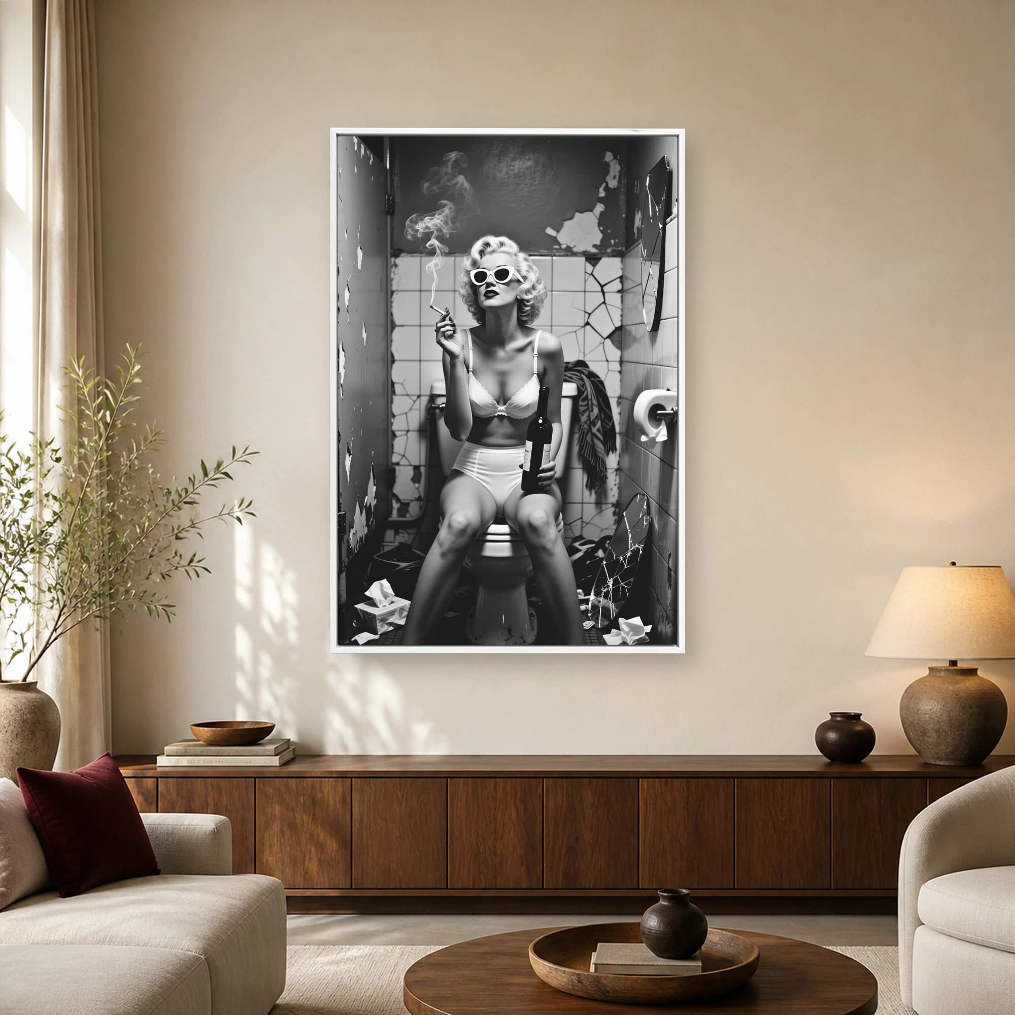 A black and white portrait of a 1950s platinum blonde starlet wearing cat-eye sunglasses and lingerie, smoking a cigarette and holding wine on a toilet in a decaying bathroom.