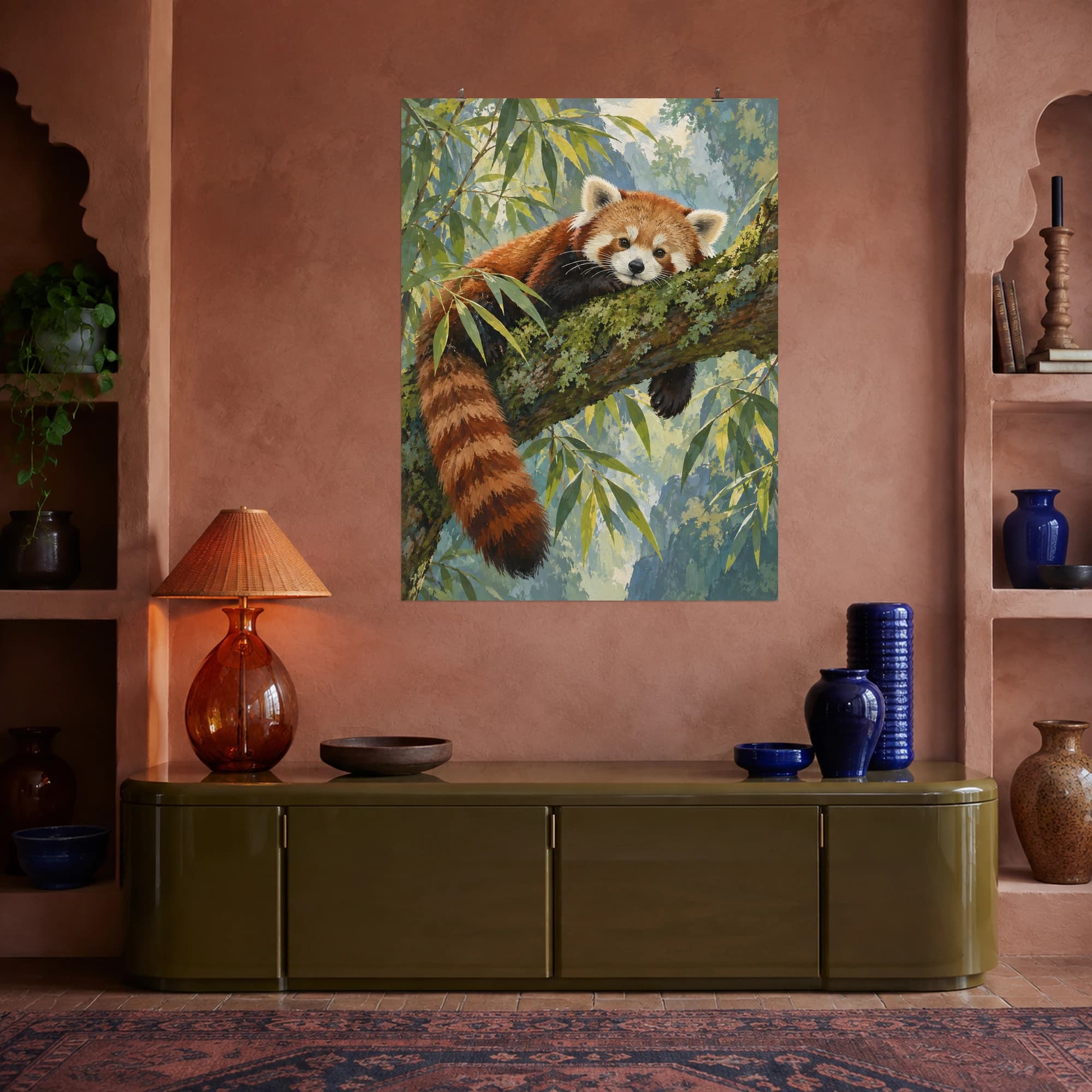 This gouache-style composition features a red panda resting across a mossy branch surrounded by delicate bamboo leaves. Expressive brushwork and carefully balanced color bring a distinctive focal point to your wall.