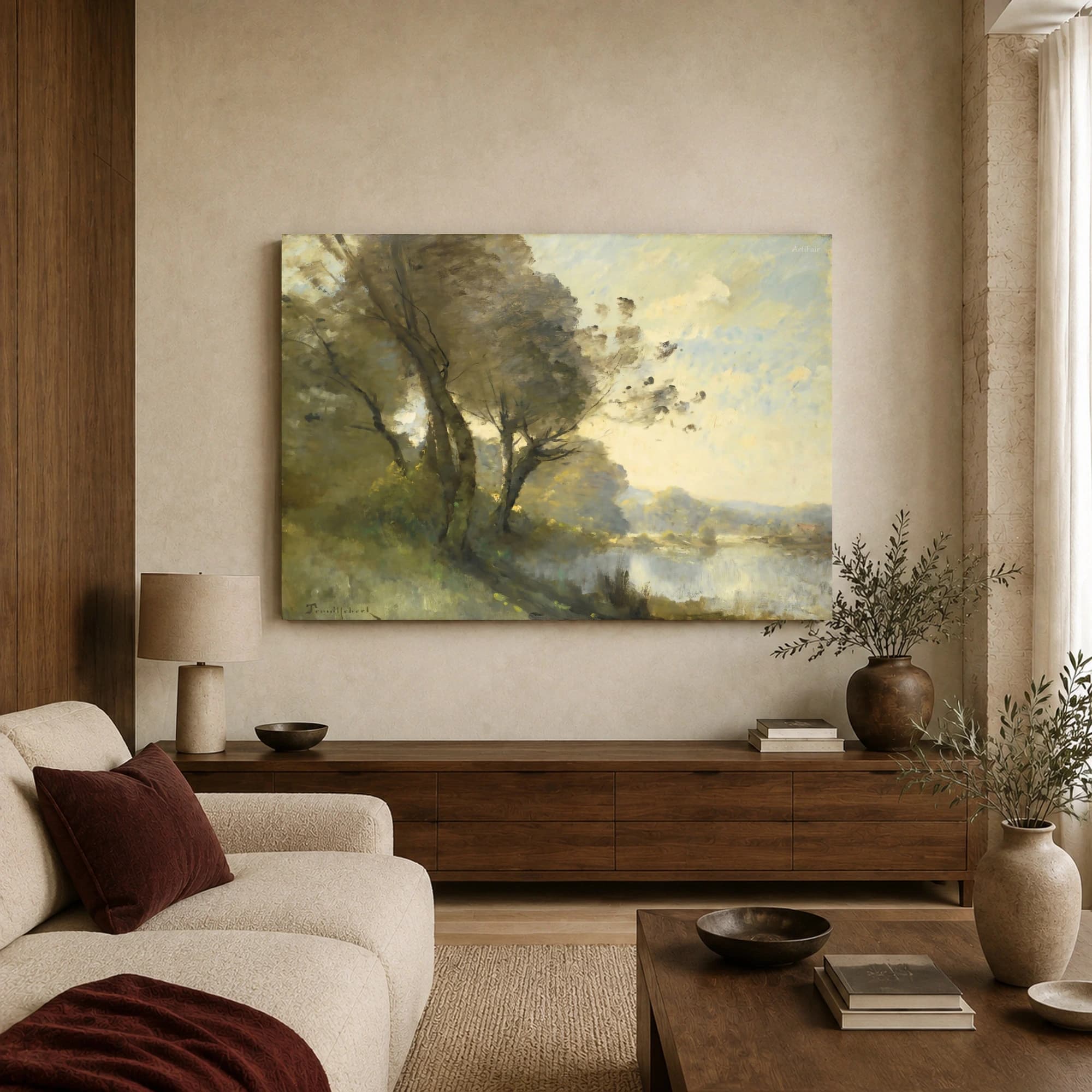 Riverbank Trees at Dusk Impressionist Landscape Art Print, view 3