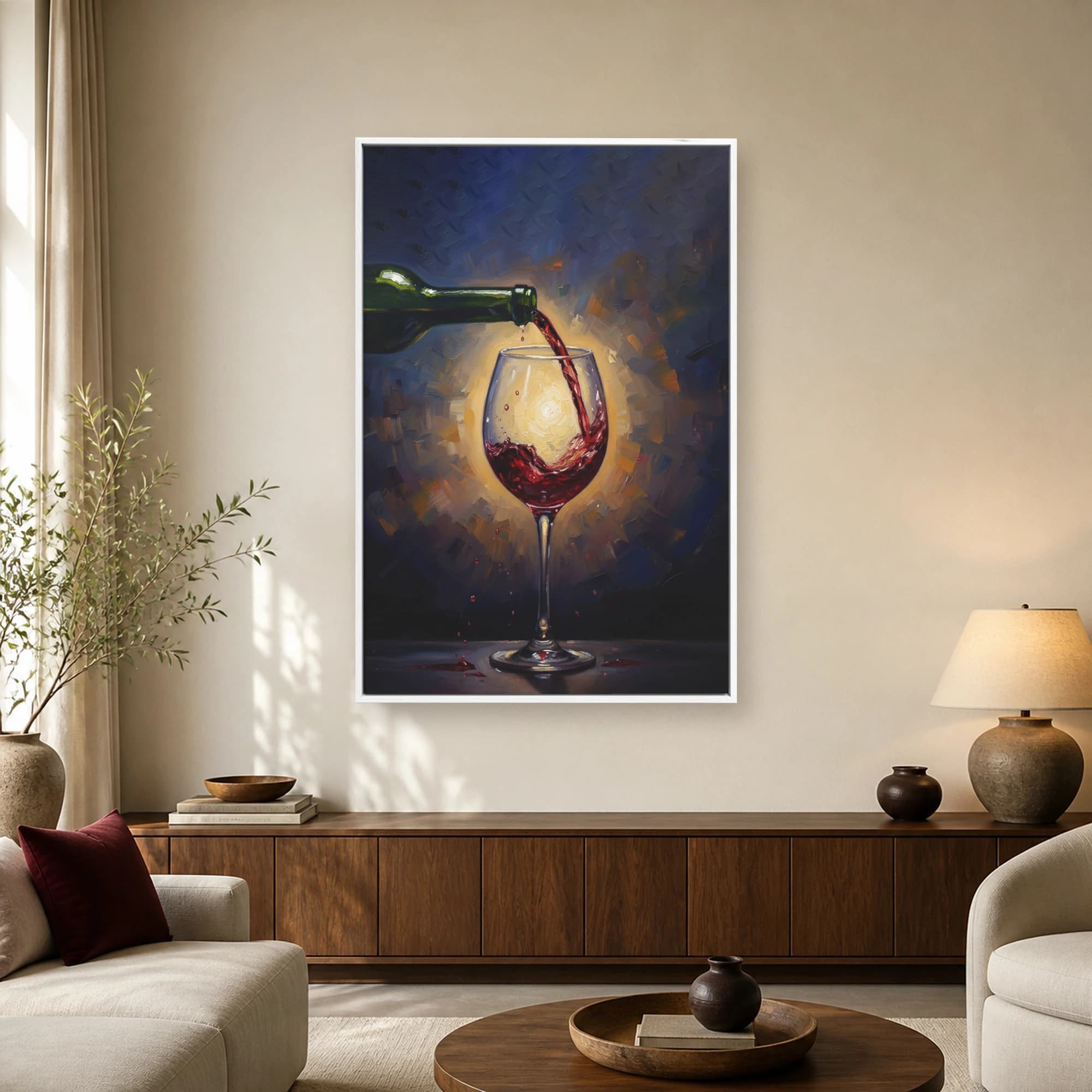Impressionist oil painting of a green wine bottle pouring red wine into a glass against a glowing golden background