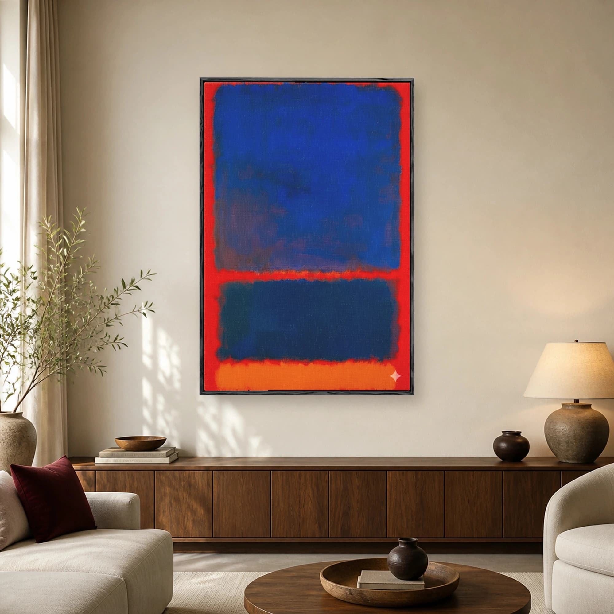 Abstract color field painting with stacked rectangular blocks of cobalt blue, navy, red, and orange with soft edges.