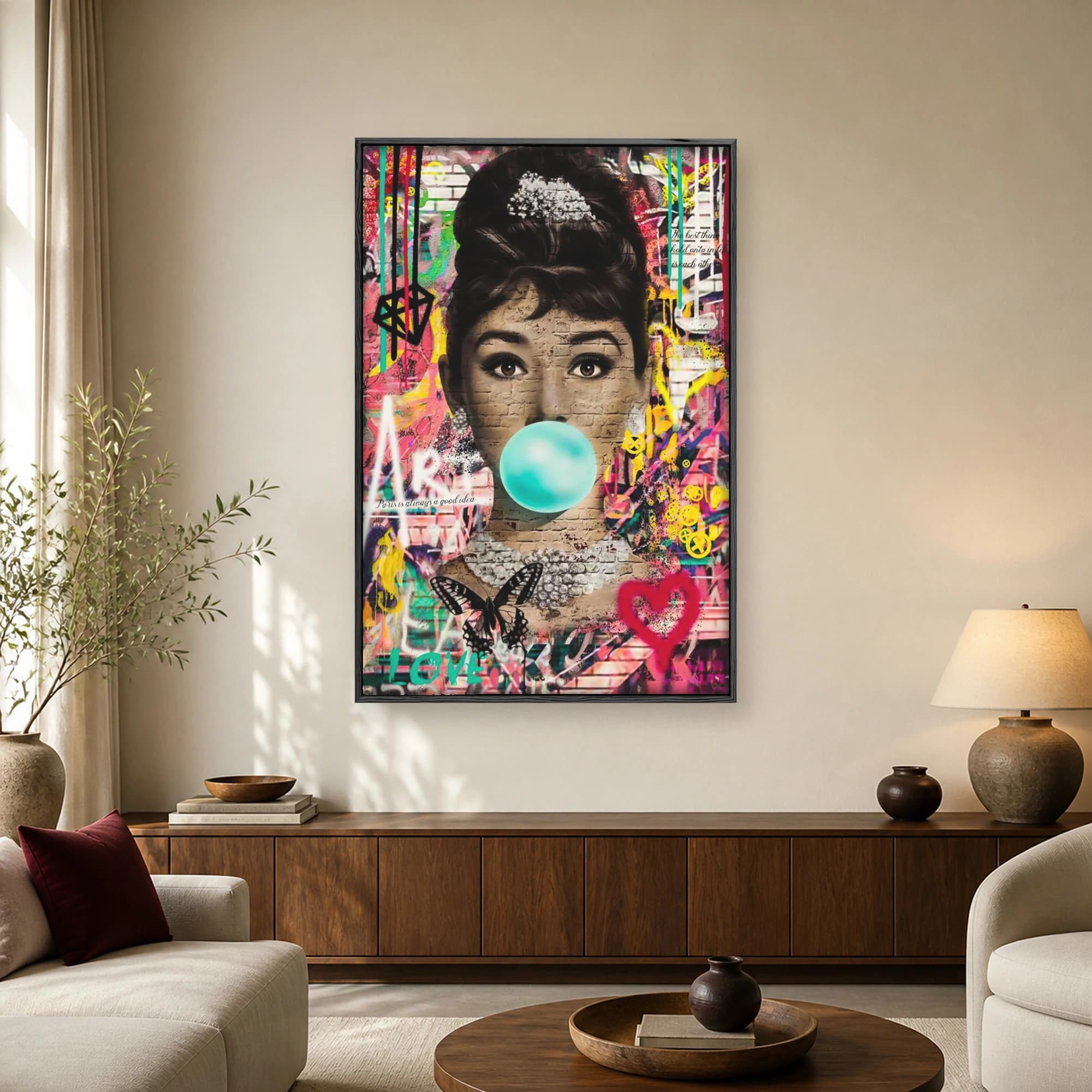 Pop art portrait of Audrey Hepburn with a turquoise bubblegum bubble against a colorful graffiti brick wall with butterflies and typography.