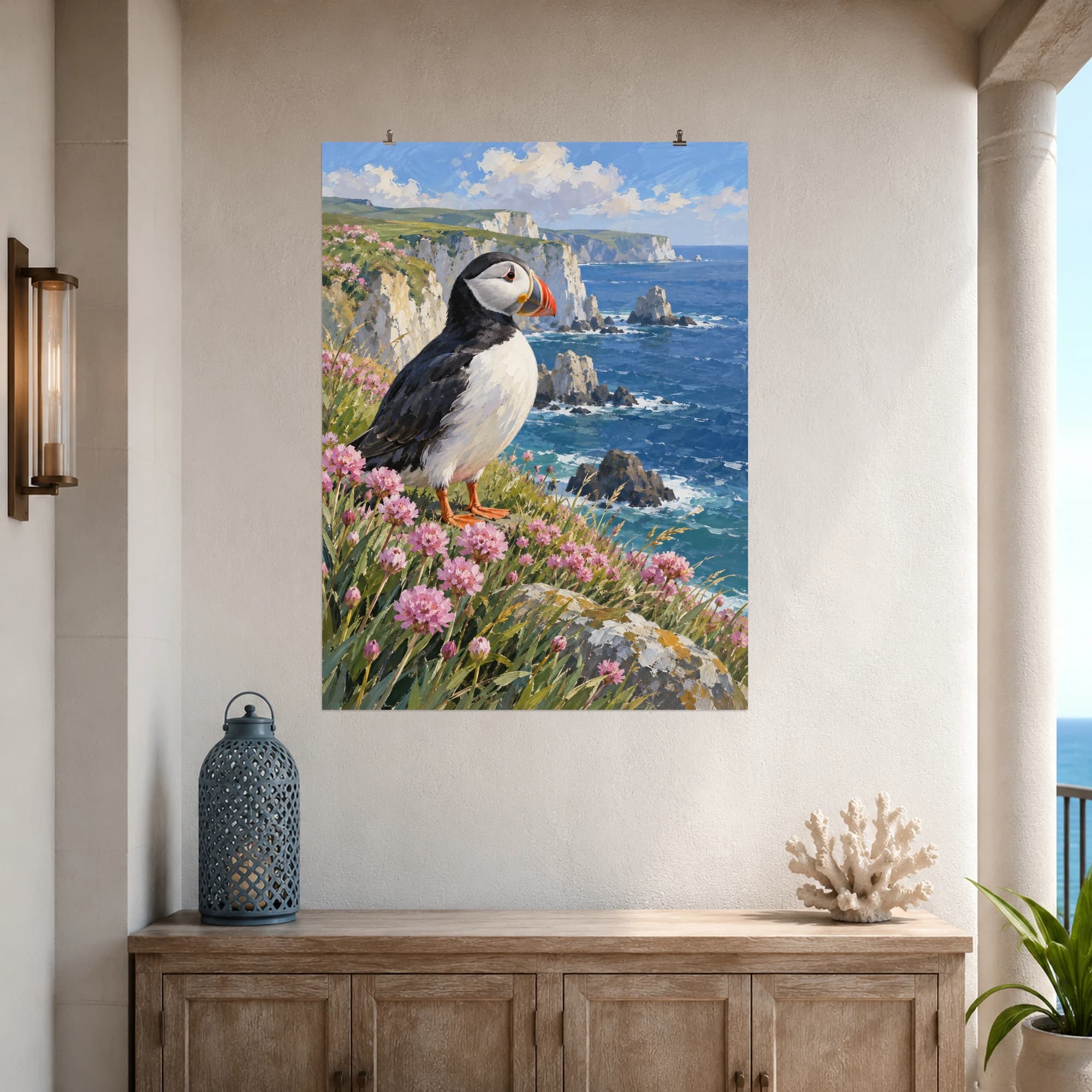This gouache-style composition features an Atlantic puffin standing among pink sea thrift flowers on a grassy headland, cool blue ocean and distant chalky cliffs. Expressive brushwork and a balanced palette bring warmth and character to your space.