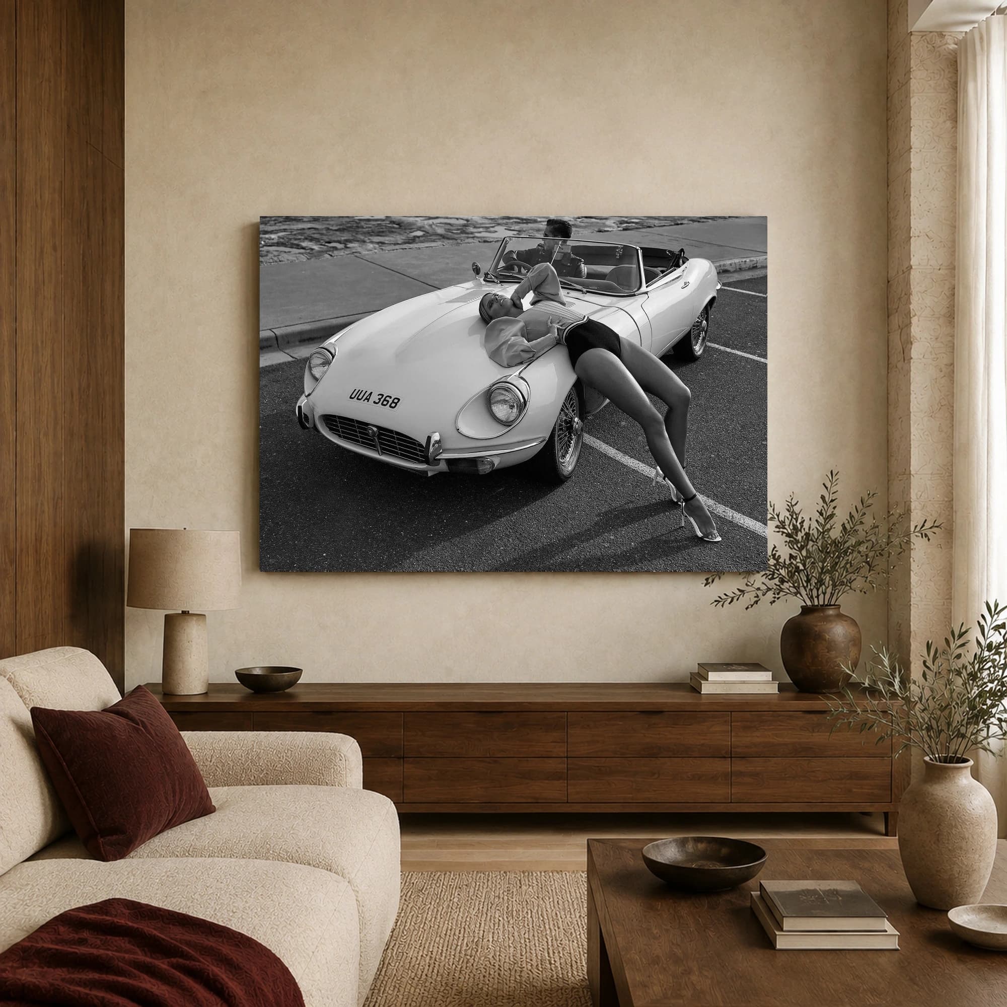 Vintage Sports Car and Fashion Model Black and White Art Print, view 3