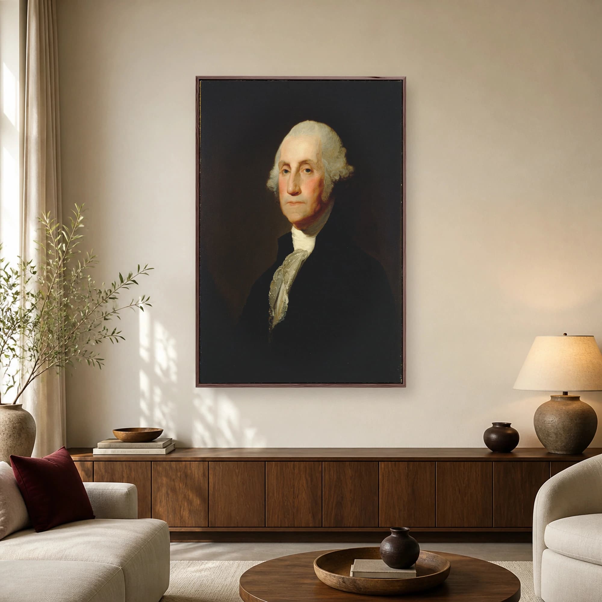 Fine art oil portrait of George Washington featuring a powdered wig, white cravat, and dark coat against a dark background.