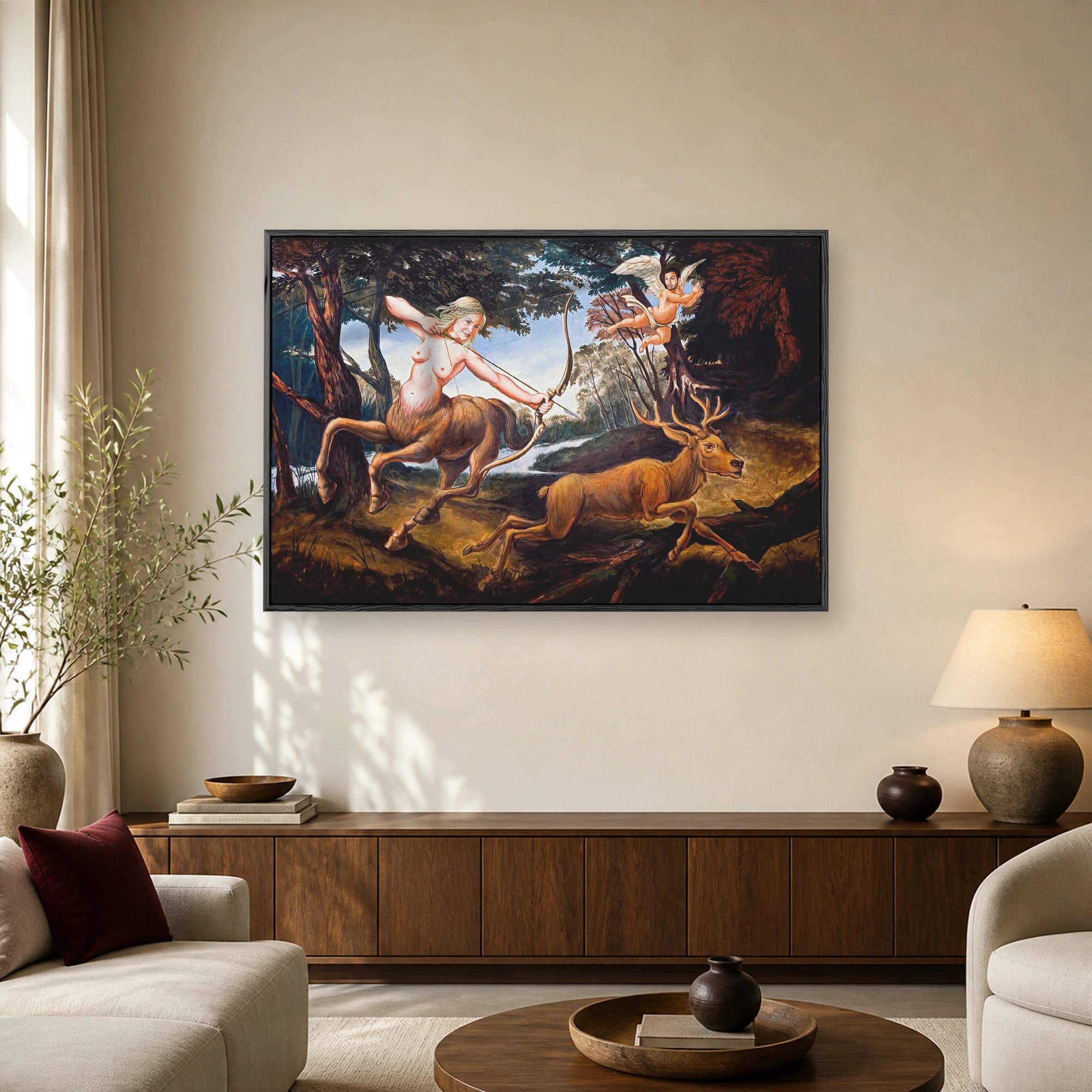 A classical style oil painting of a female centaur drawing a bow while hunting a stag in a lush forest under a winged cherub.