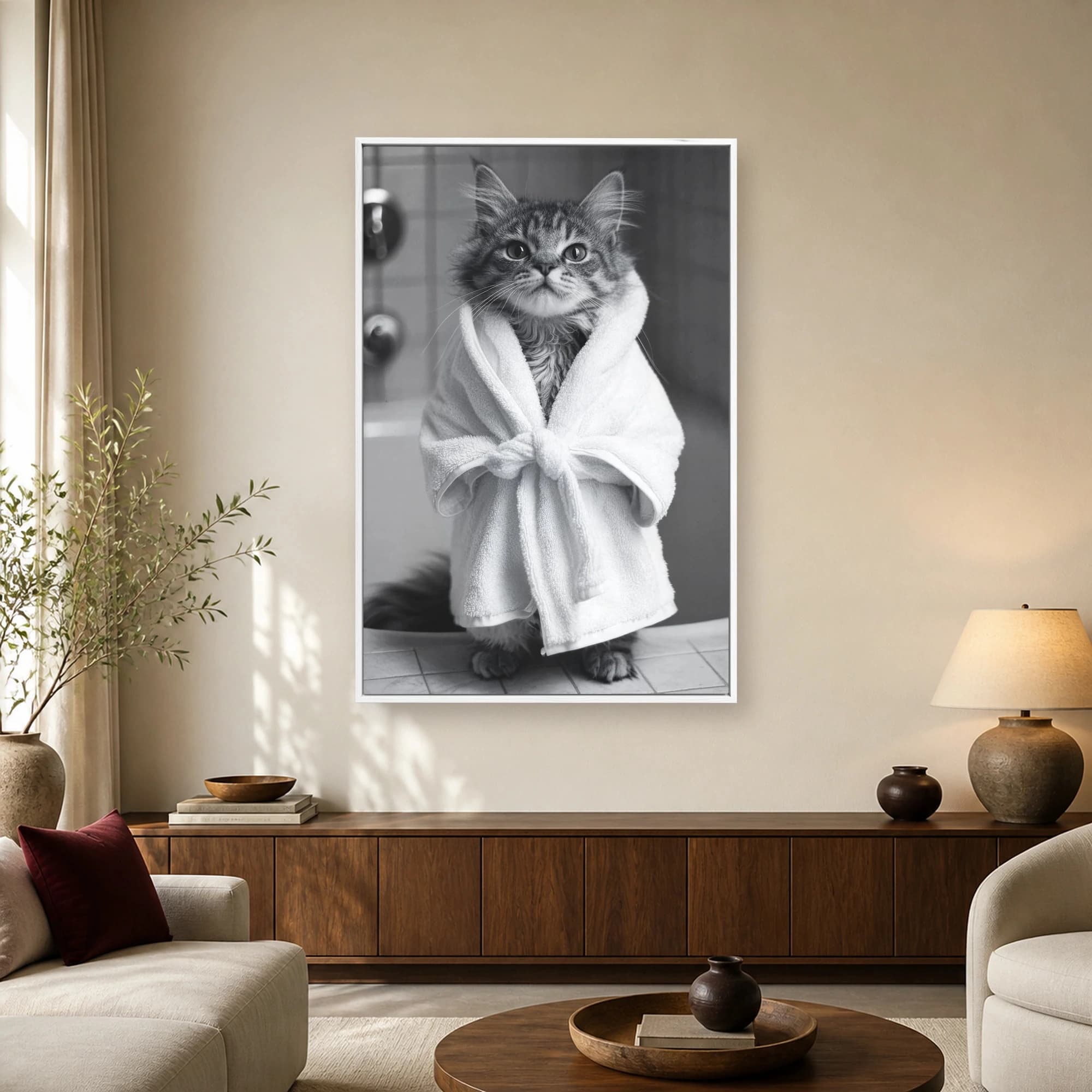 Spa Cat in White Bathrobe Black and White Wall Art, view 2