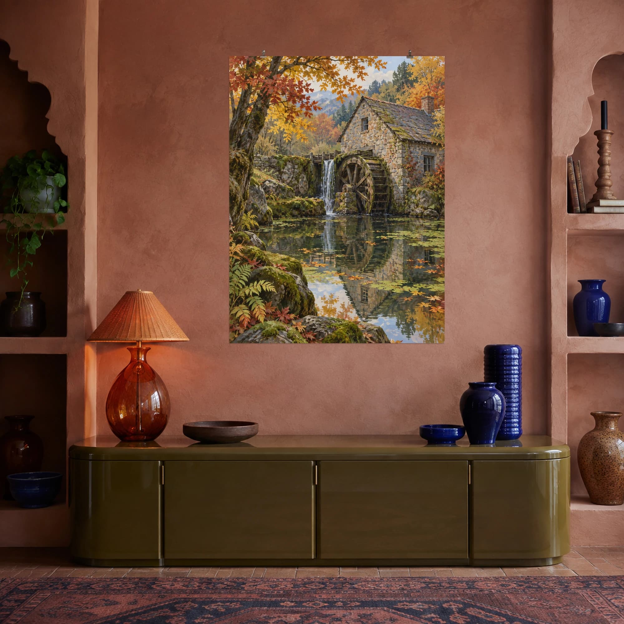 This gouache-style composition features an old stone watermill beside a still mossy pond under early autumn trees. Expressive brushwork and carefully balanced color bring a distinctive focal point to your wall.