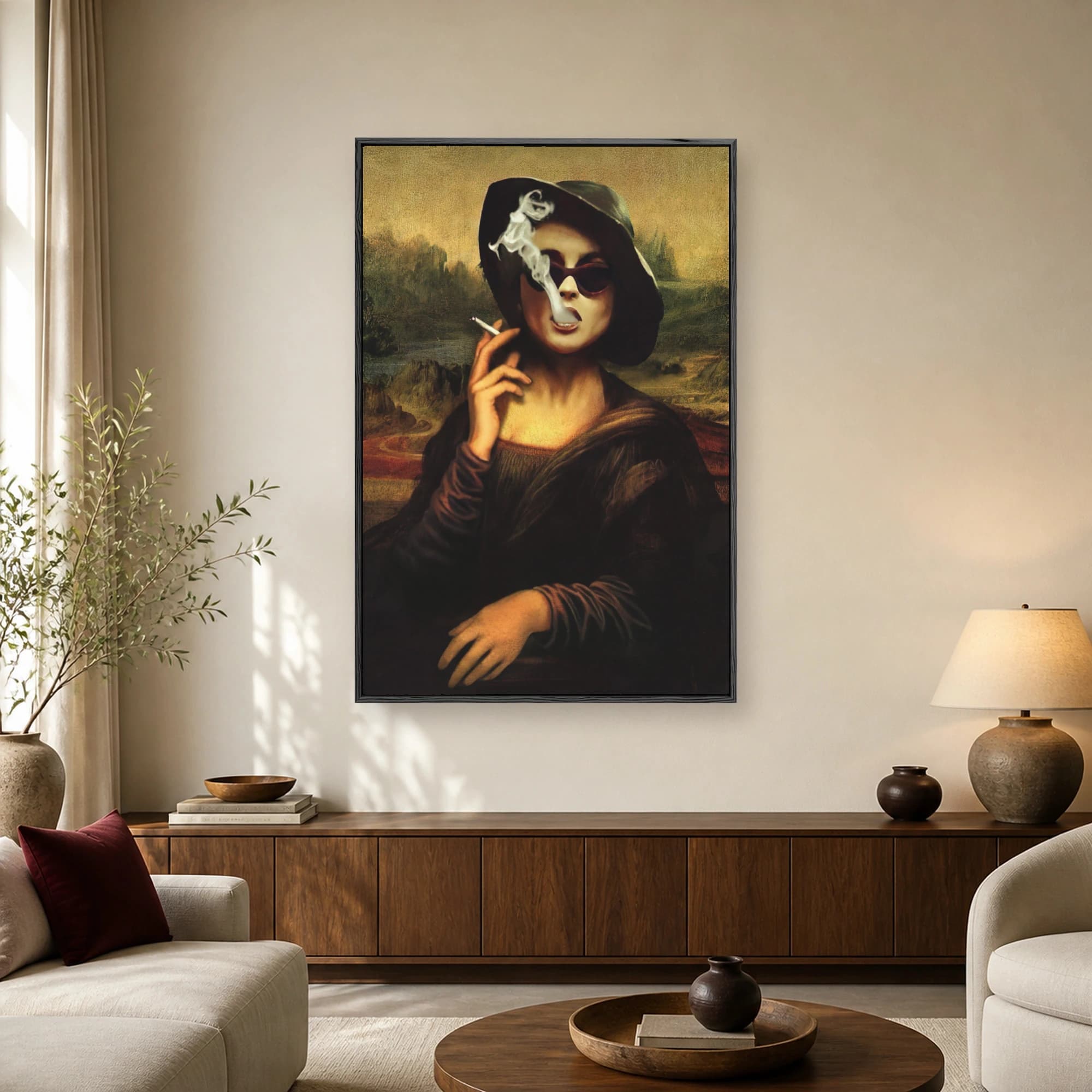 A satirical portrait of the Mona Lisa wearing sunglasses and a hat while smoking a cigarette against a classic Renaissance landscape.