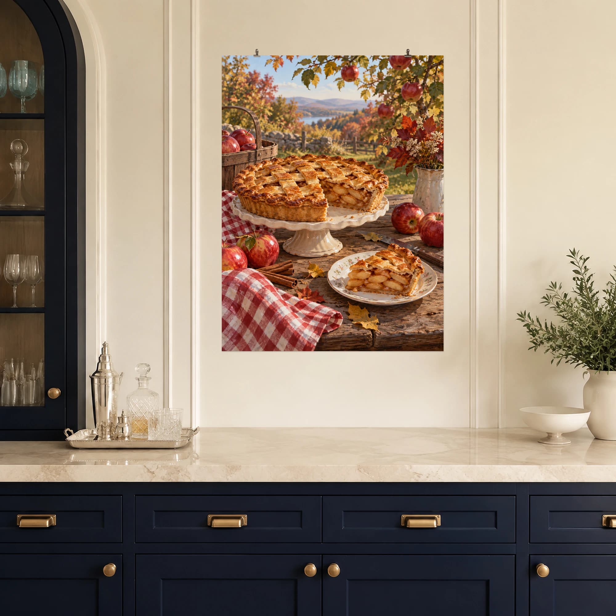 A lattice apple pie and a freshly cut slice celebrate a golden orchard afternoon.