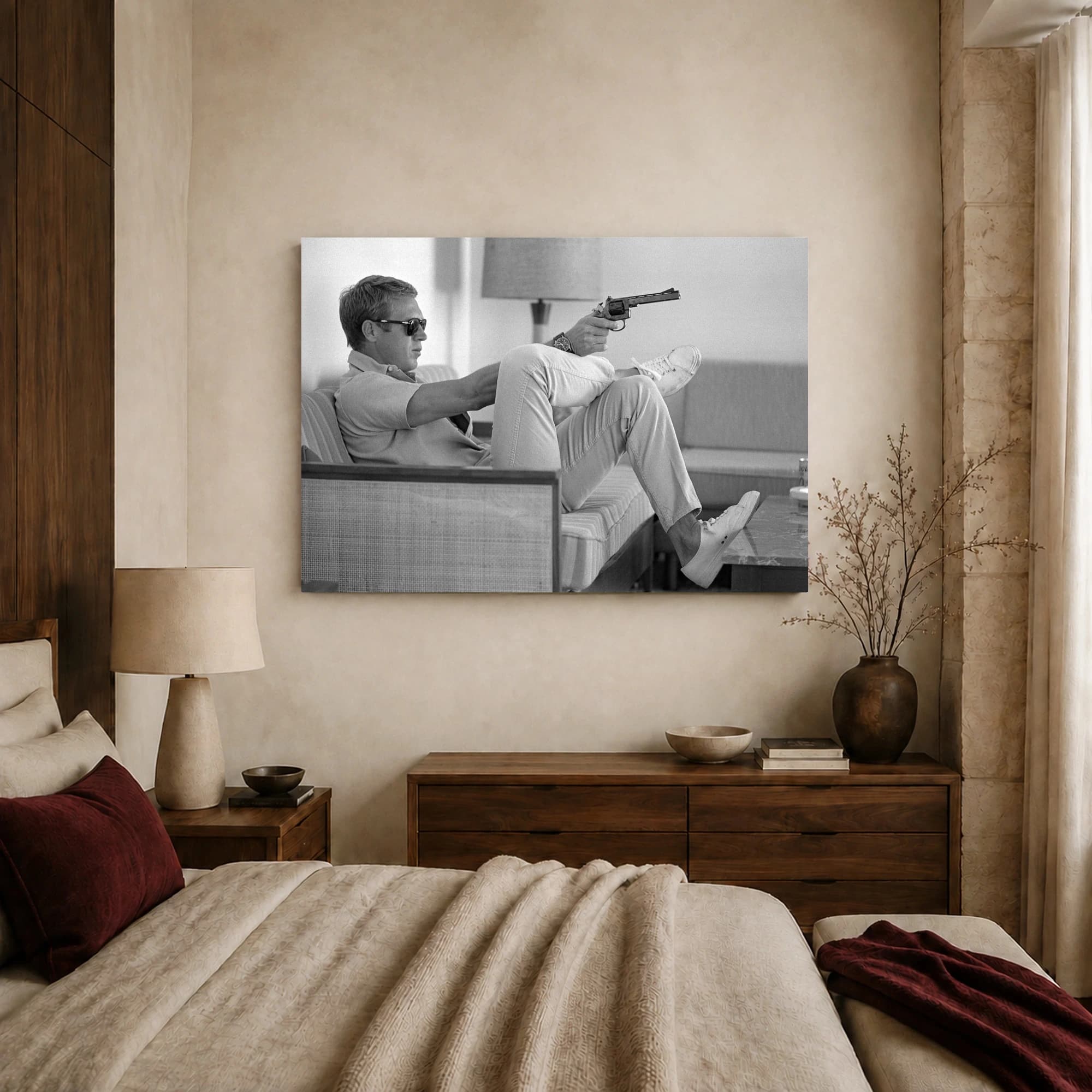 Steve McQueen Casual Gun Pose Black and White Photography Wall Art, view 6