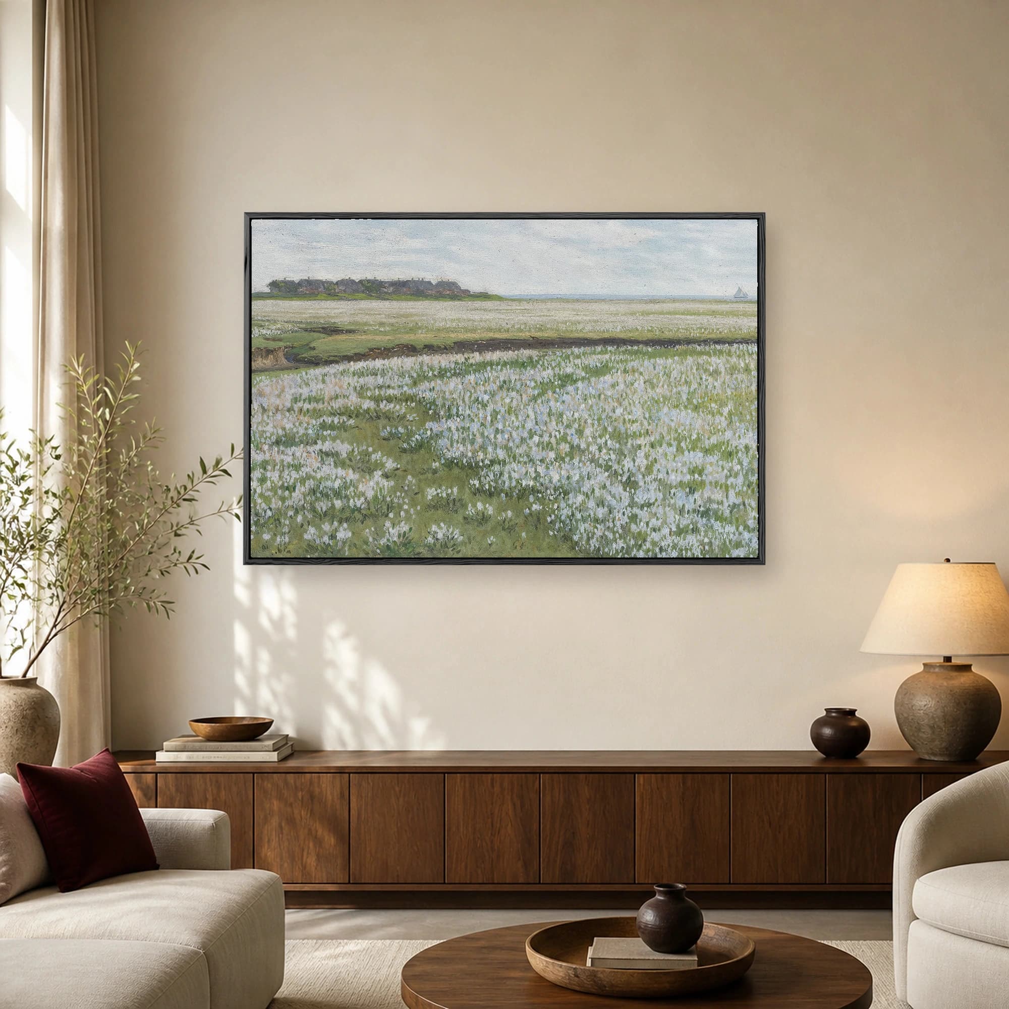 Fine art landscape painting of a vast marshland covered in white cotton grass with a distant sailboat on the horizon under an overcast sky