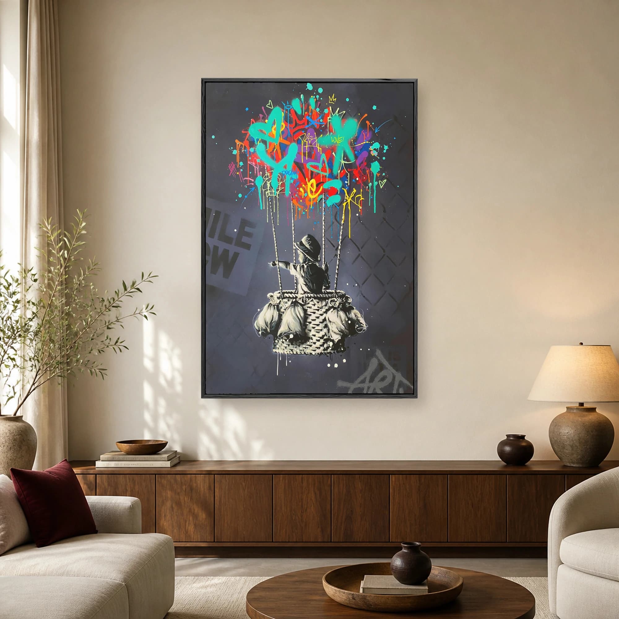 Urban street art painting of a child in a hot air balloon basket looking up at an explosion of colorful neon graffiti and paint drips.