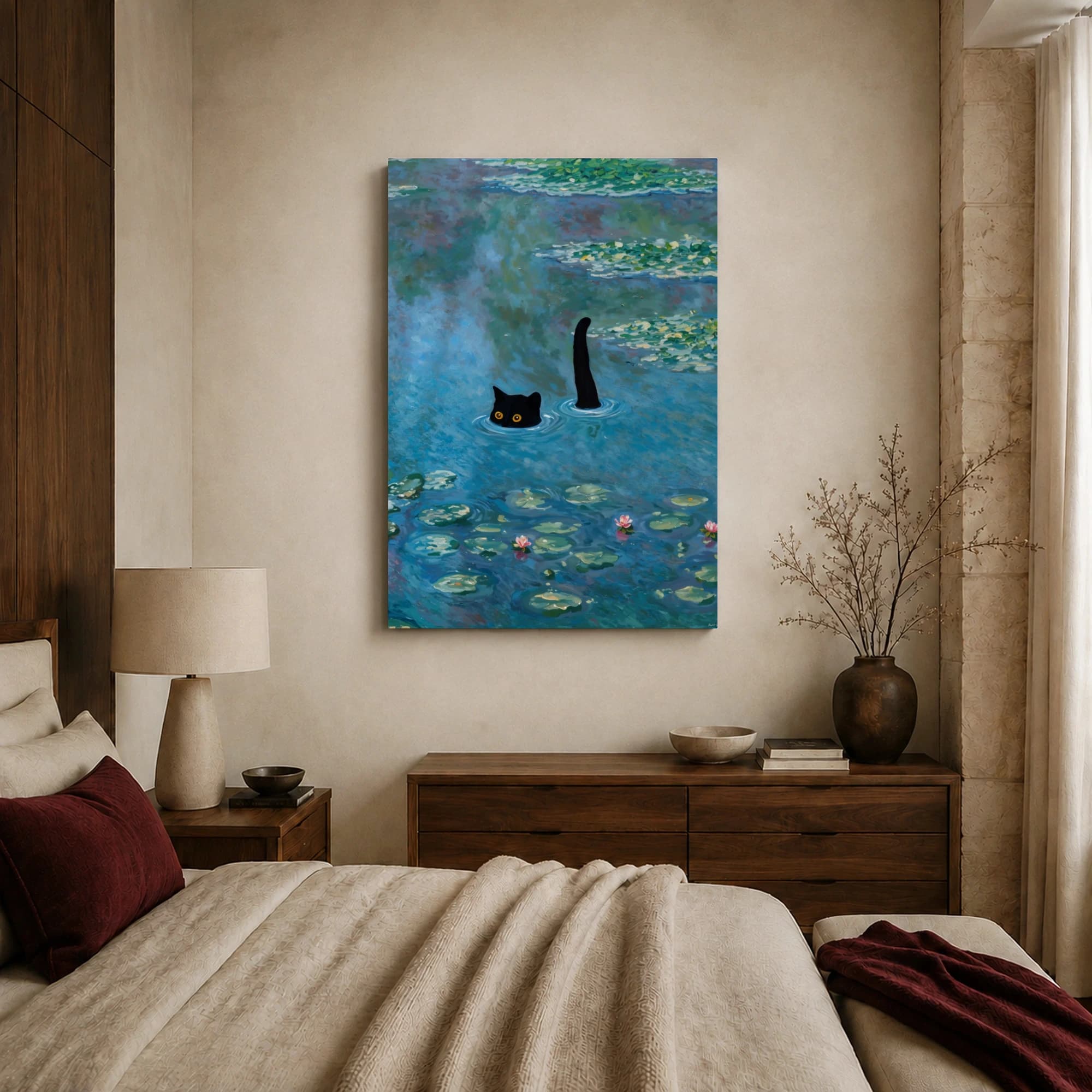 Black Cat Swimming in Water Lilies Pond Impressionist Canvas, view 7