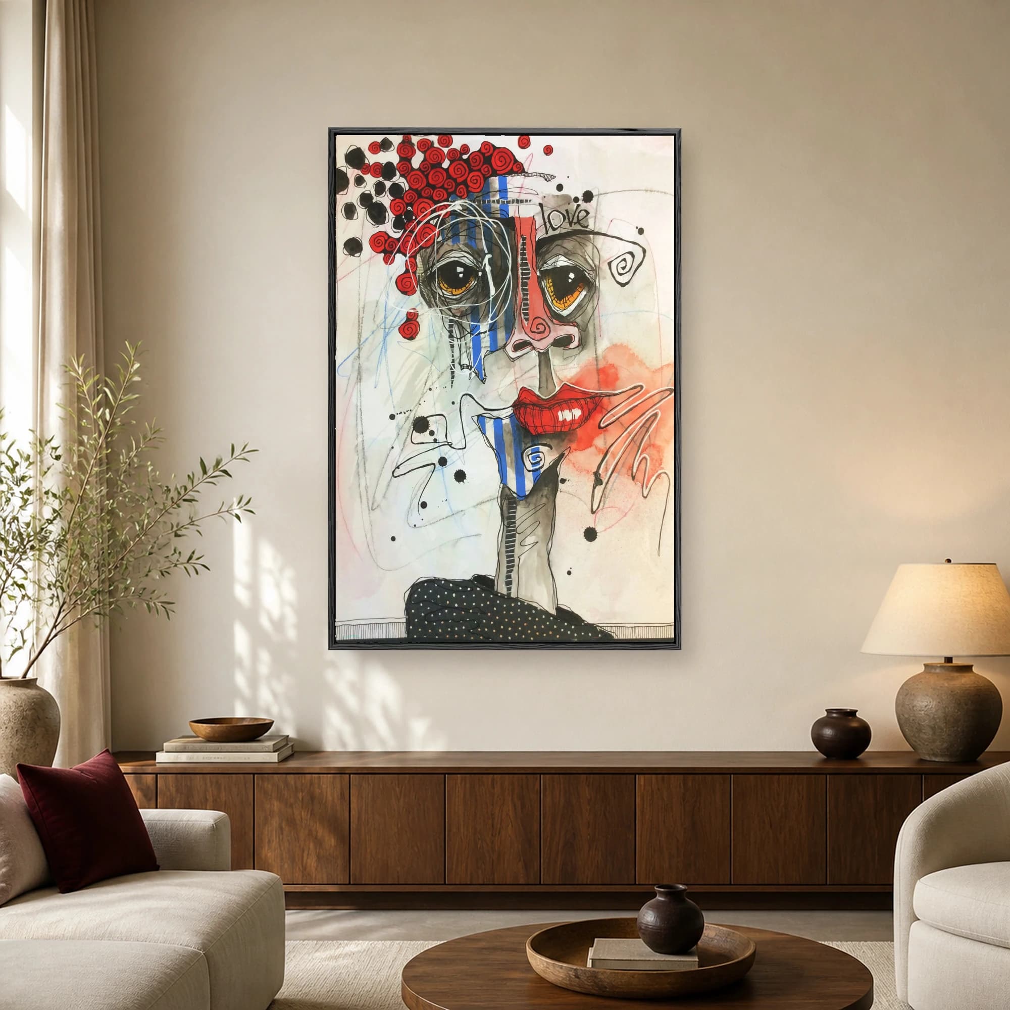Abstract mixed media portrait painting featuring large expressive eyes, vibrant red lips, and blue striped patterns on a white background.