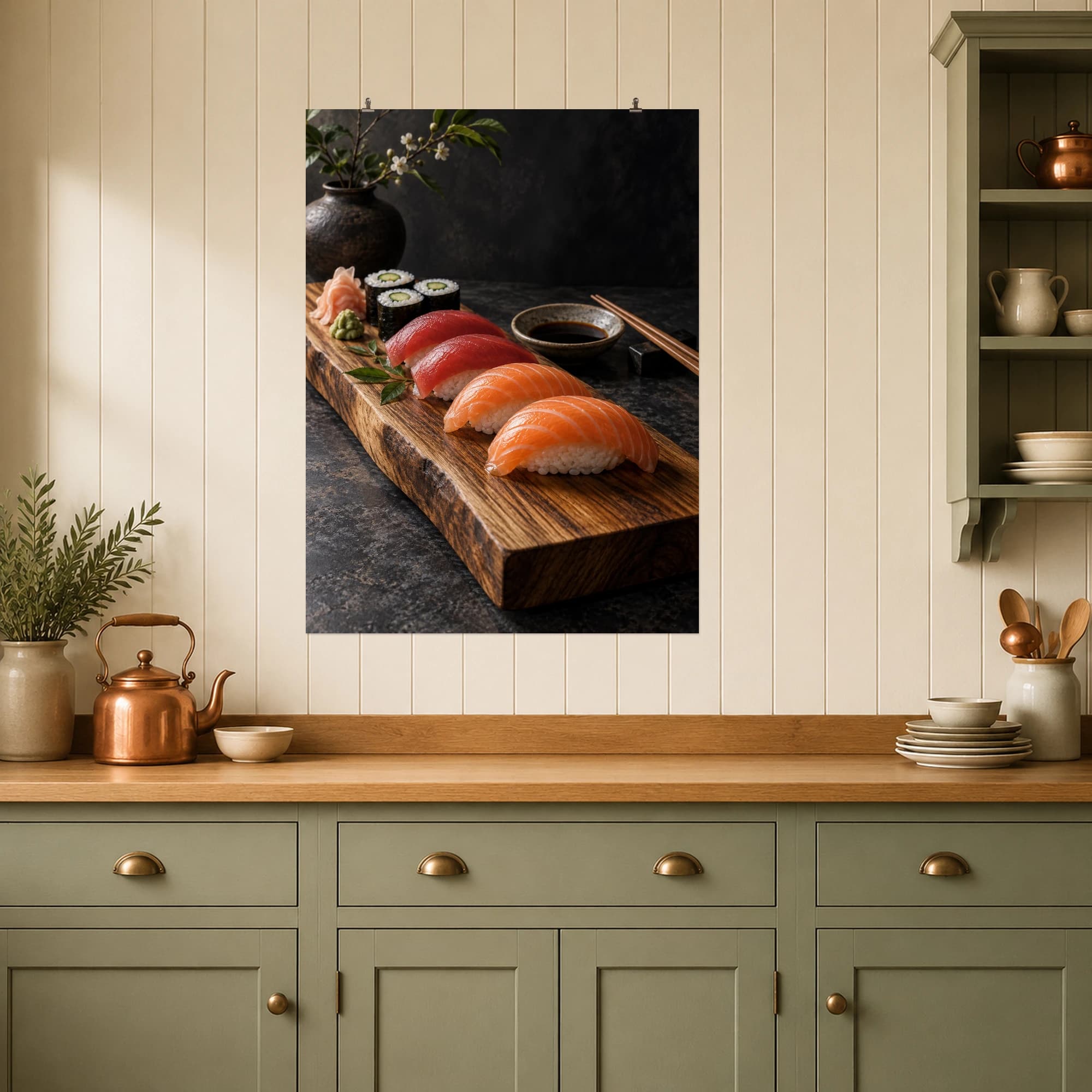 Salmon and tuna nigiri share a cedar board with maki and a small dipping bowl.