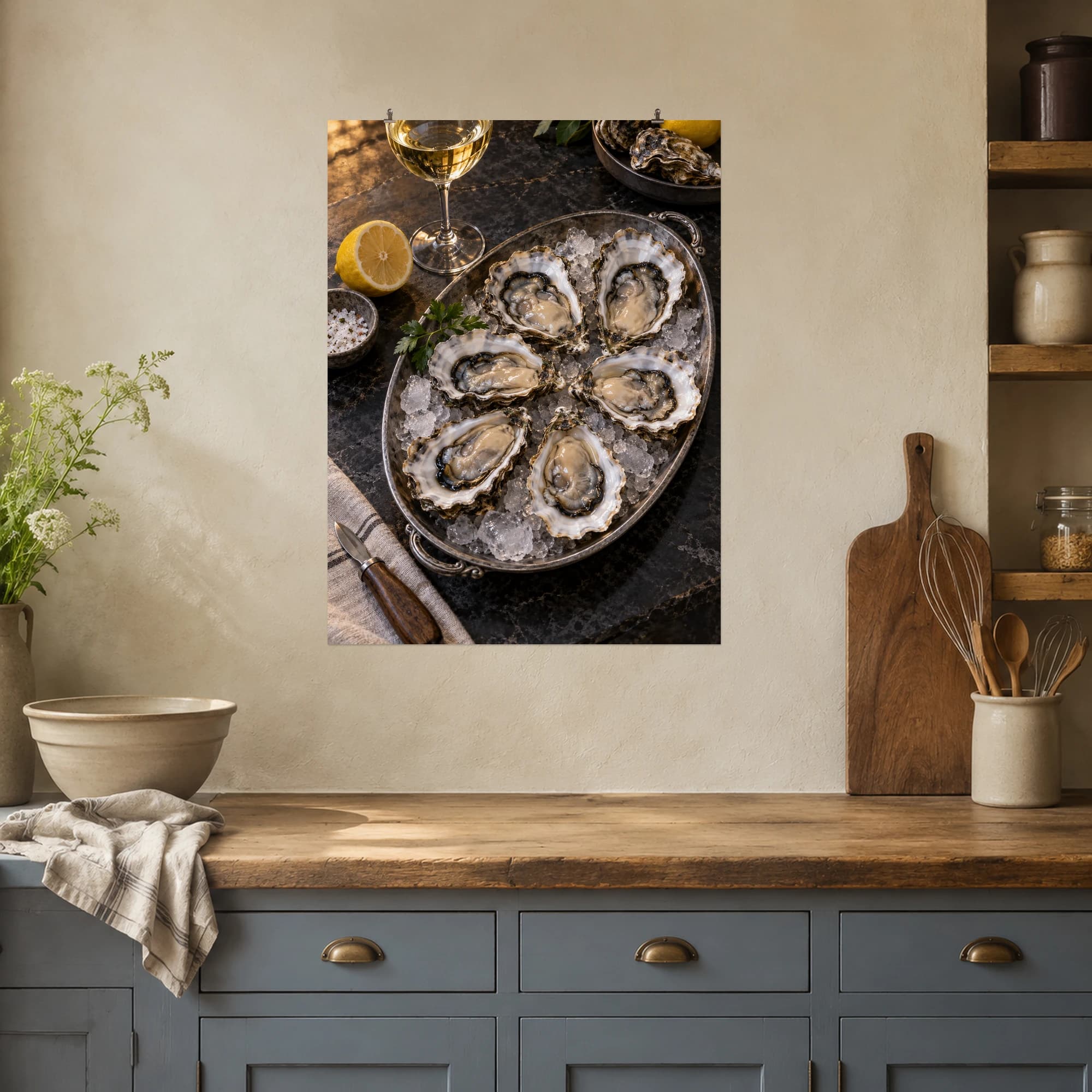 Fresh oysters on a pewter tray share a softly lit table with white wine and lemon.