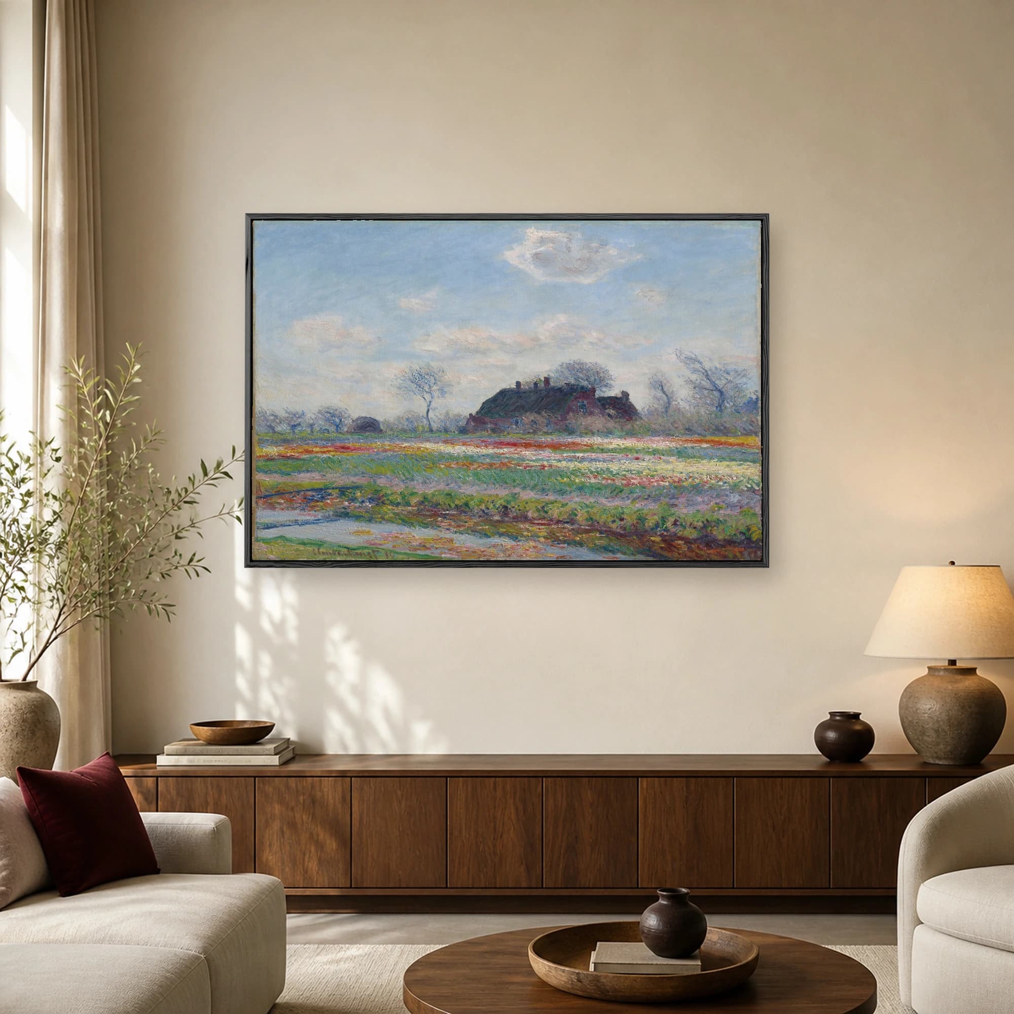 Impressionist painting of a Dutch landscape with colorful tulip fields, a thatched cottage, and a cloudy blue sky.