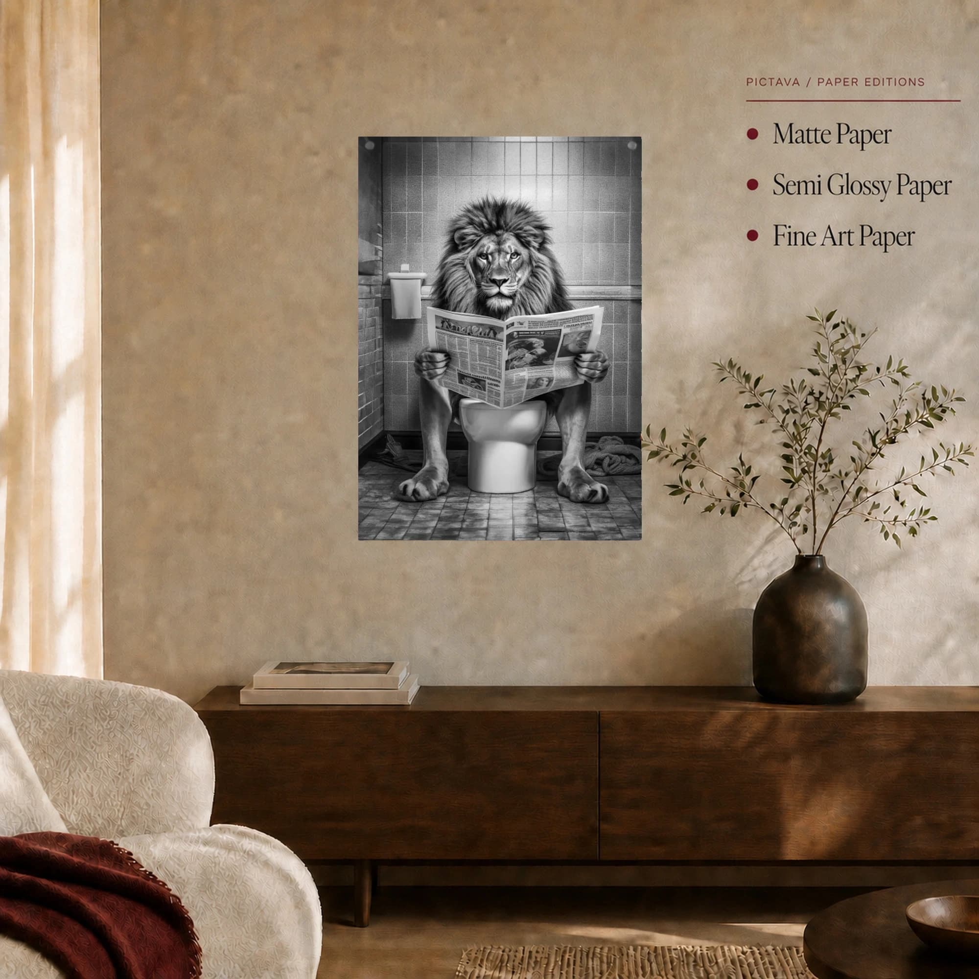 The Lion Reading Newspaper on Toilet Black and White Wall Art, view 5