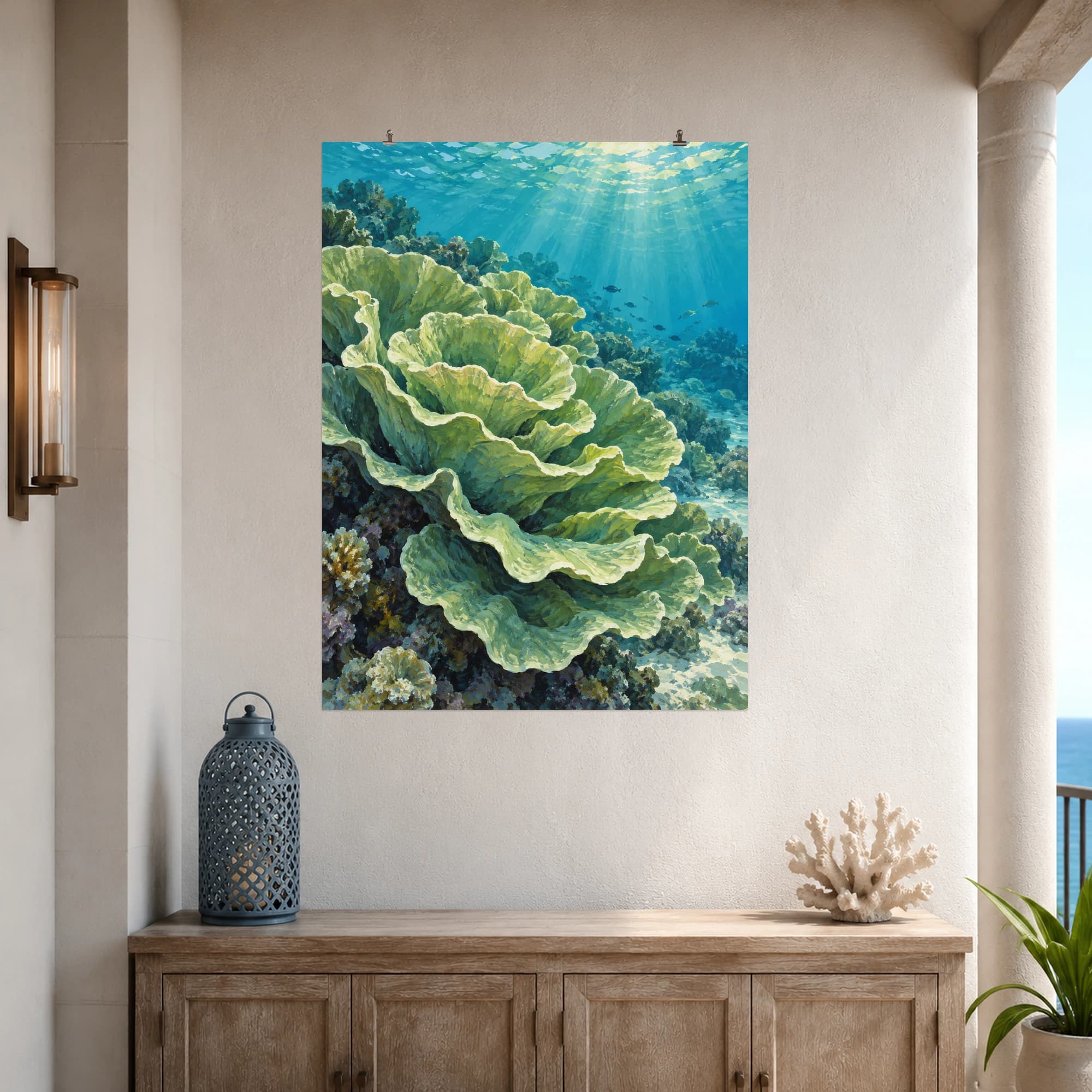 This gouache-style composition features layered pale green lettuce coral growing in sculptural folds beneath turquoise water with soft sunbeams. Expressive brushwork and a balanced palette bring warmth and character to your space.