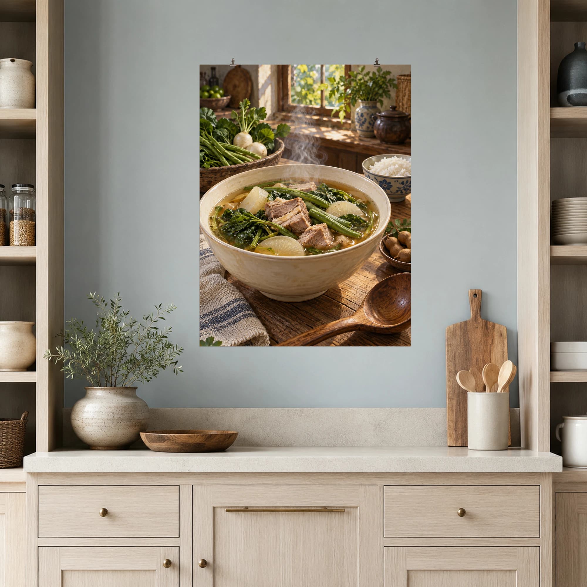 Steam rises from a bowl of sinigang in a quiet sunlit kitchen.