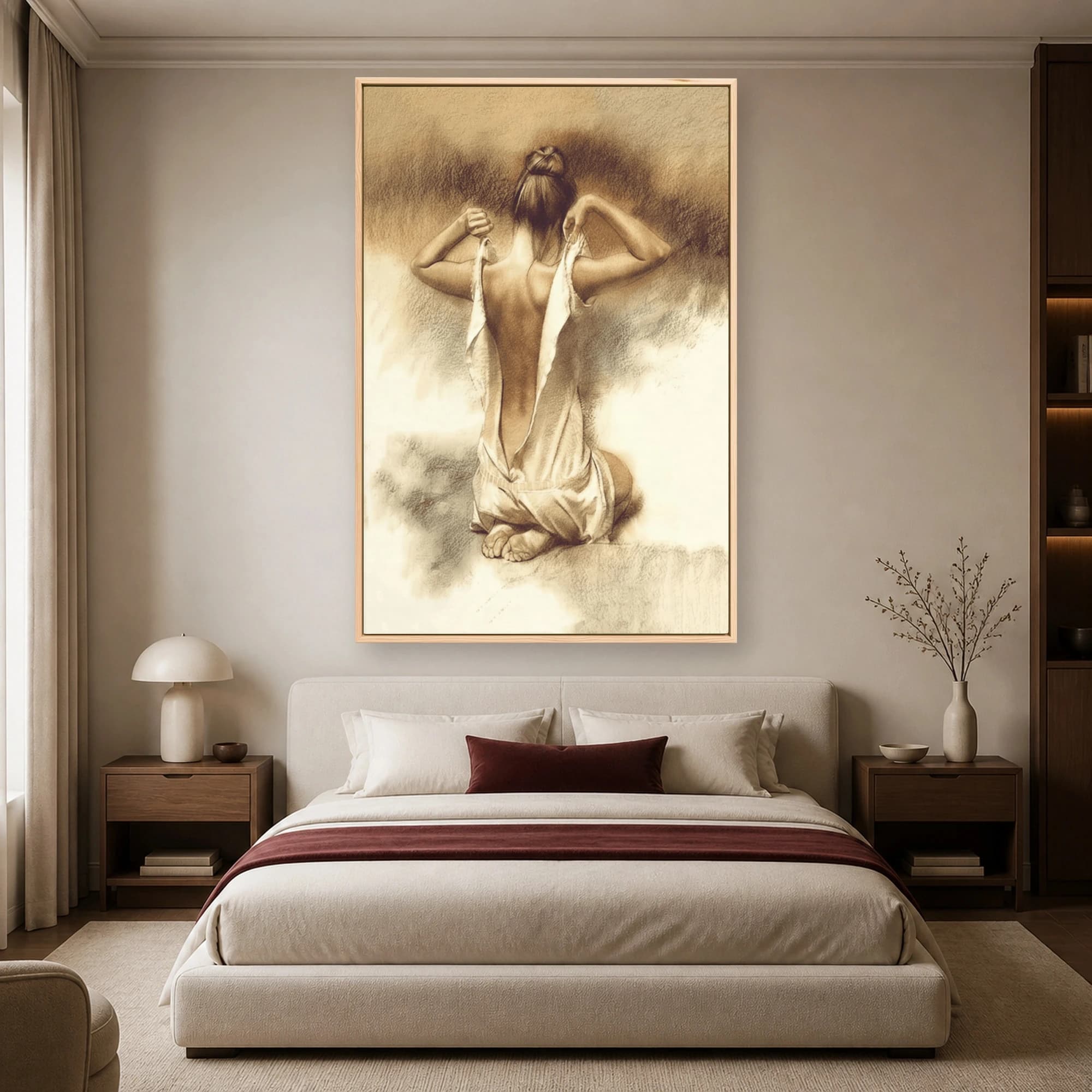 Kneeling Woman Undressing Charcoal Drawing Art Print, view 4