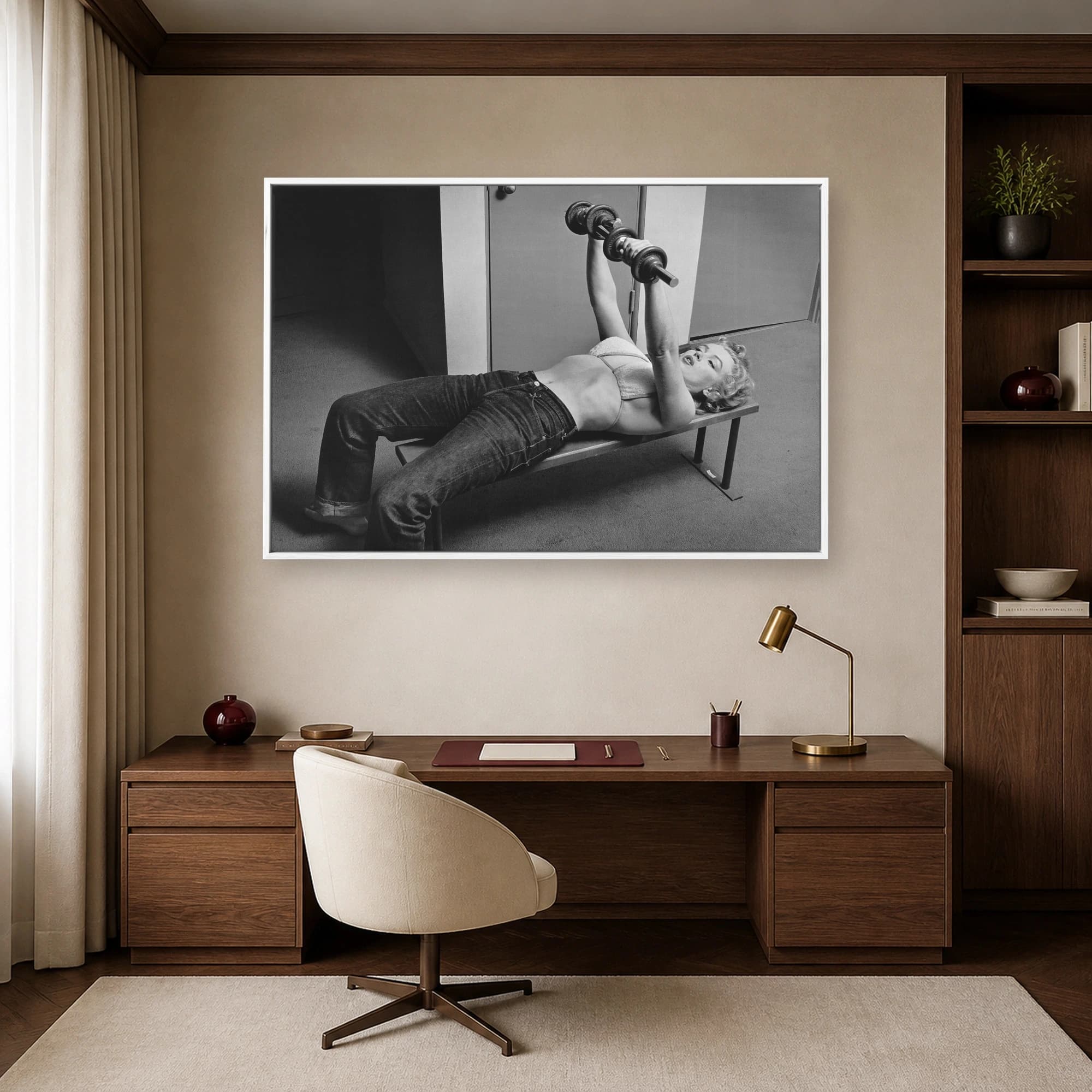 Marilyn Monroe Lifting Weights Vintage Black & White Wall Art, view 4