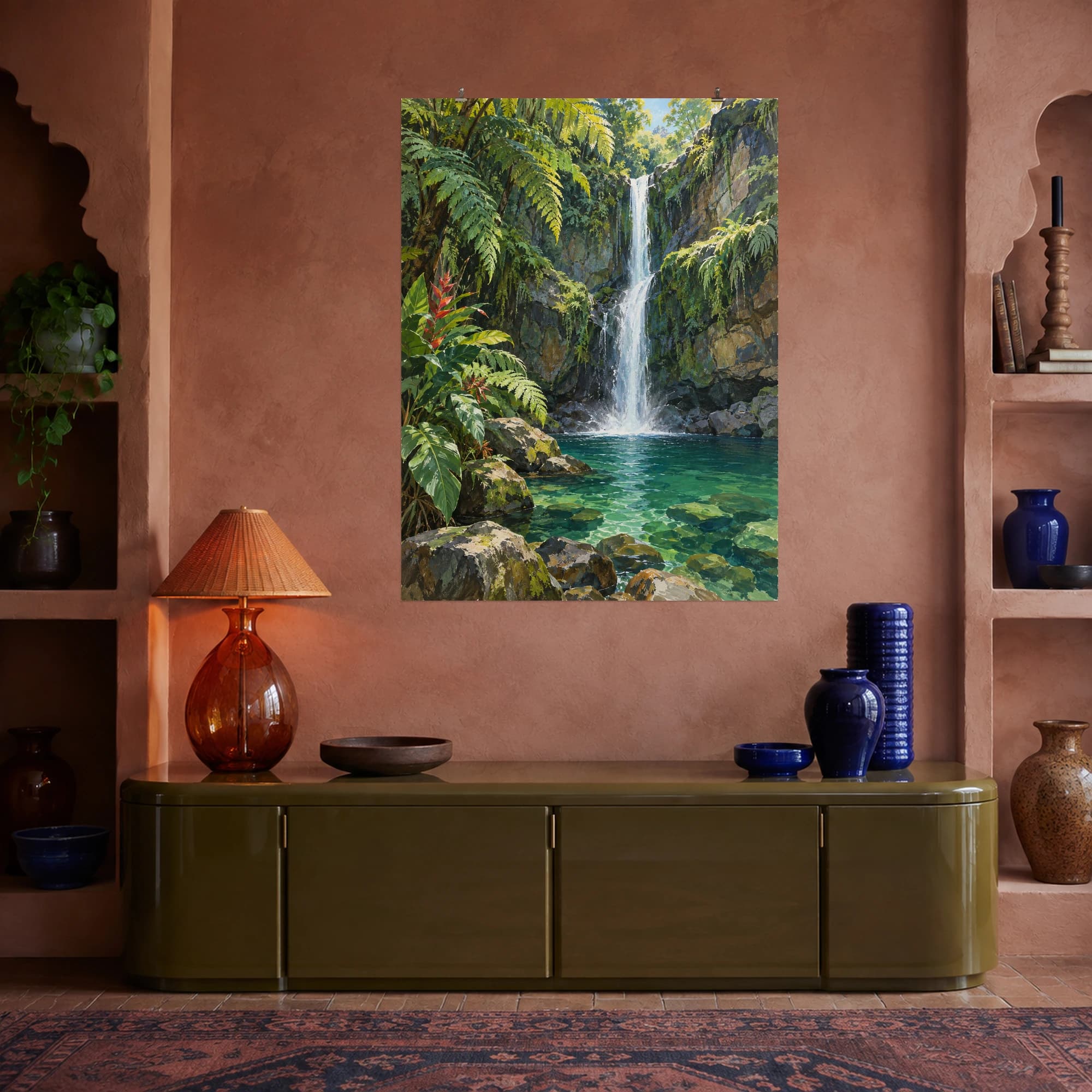 This gouache-style composition features a slender waterfall falling through lush tropical ferns into an emerald rock basin. Expressive brushwork and carefully balanced color bring a distinctive focal point to your wall.