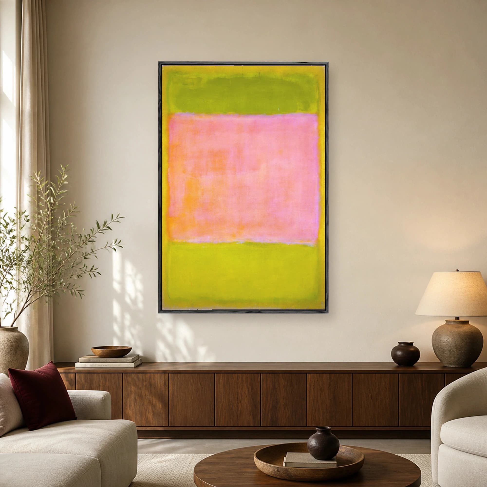 Mark Rothko style abstract painting featuring stacked horizontal rectangles in luminous green, warm pink, and yellow.