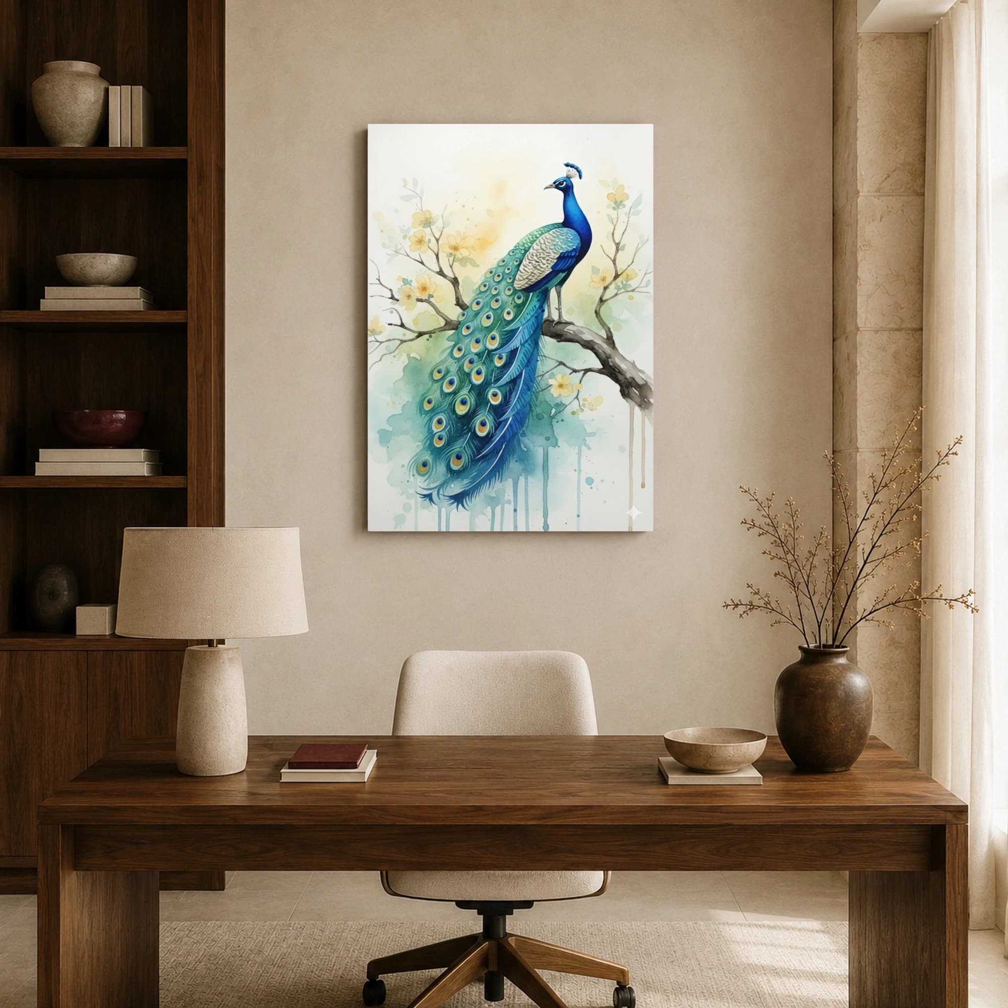 Watercolor Peacock Wall Art on Flowering Branch Canvas Print, view 8