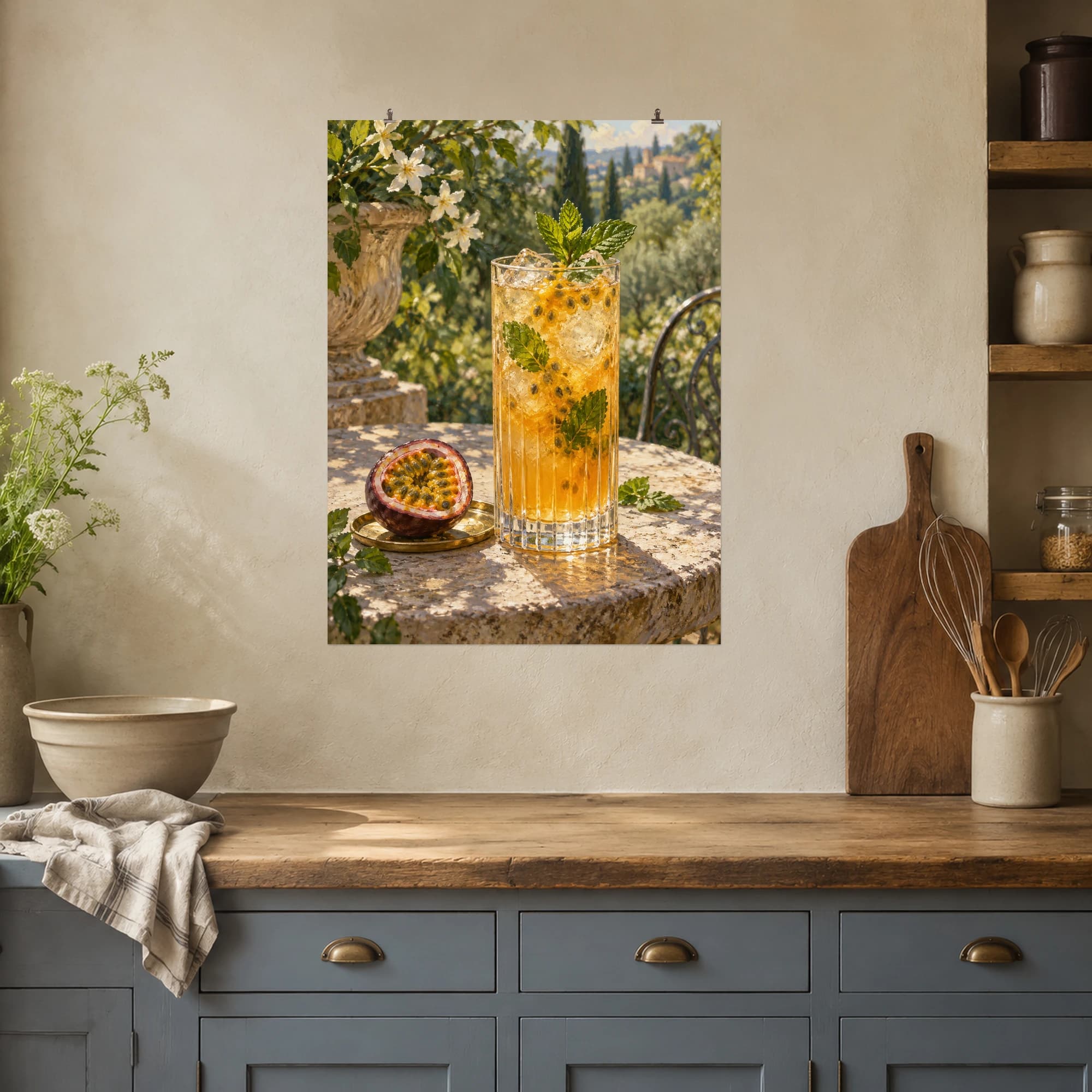 An amber passion fruit spritz catches the light beside fresh fruit and mint.